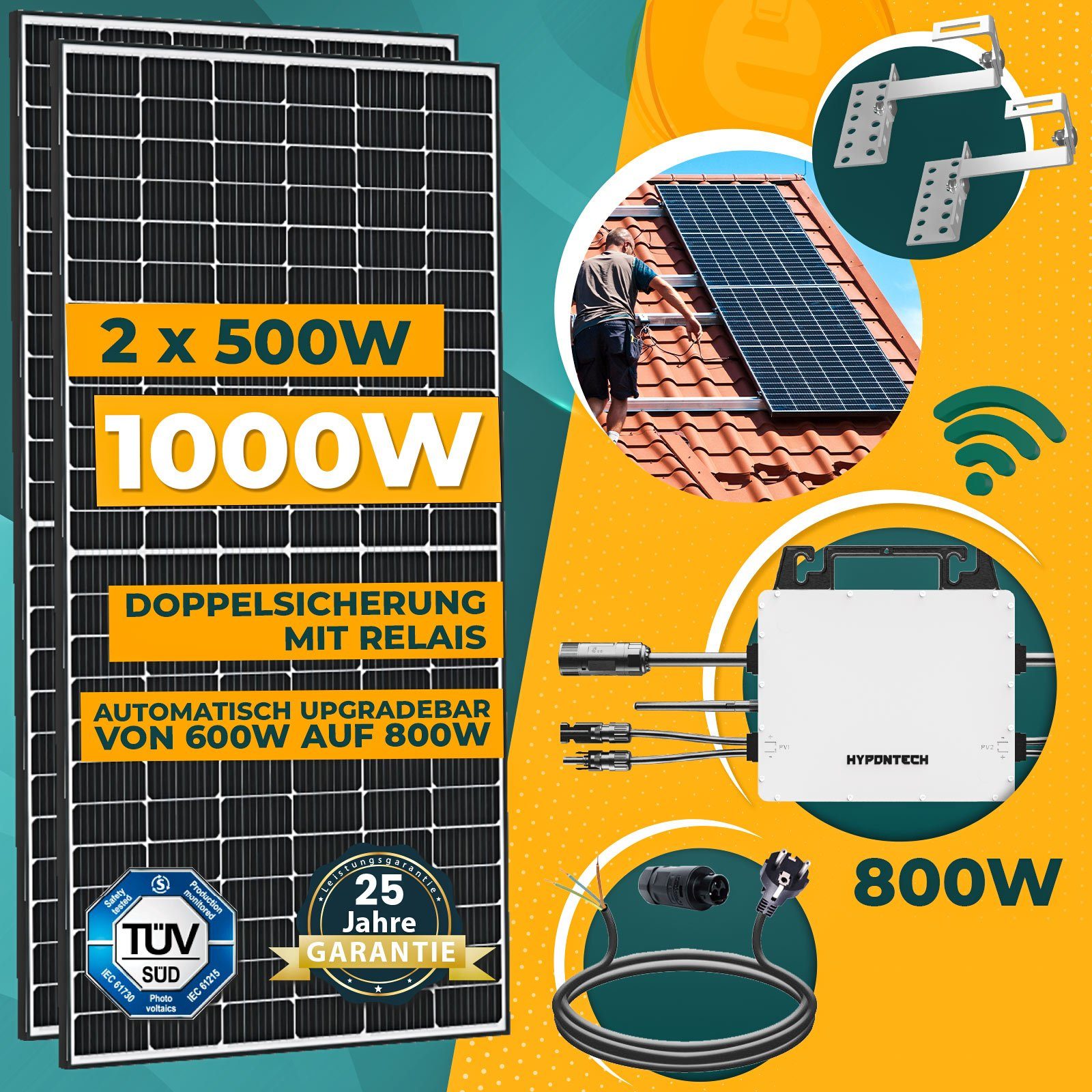 Schuko 500W Solarmodule, 1000W Ziegeldach Balkonkraftwerk Wechselrichter, Komplettset Solaranlage Hypontech Upgradefähiger inkl. und 5M WIFI PV-Montage enprovesolar 800W Stecker