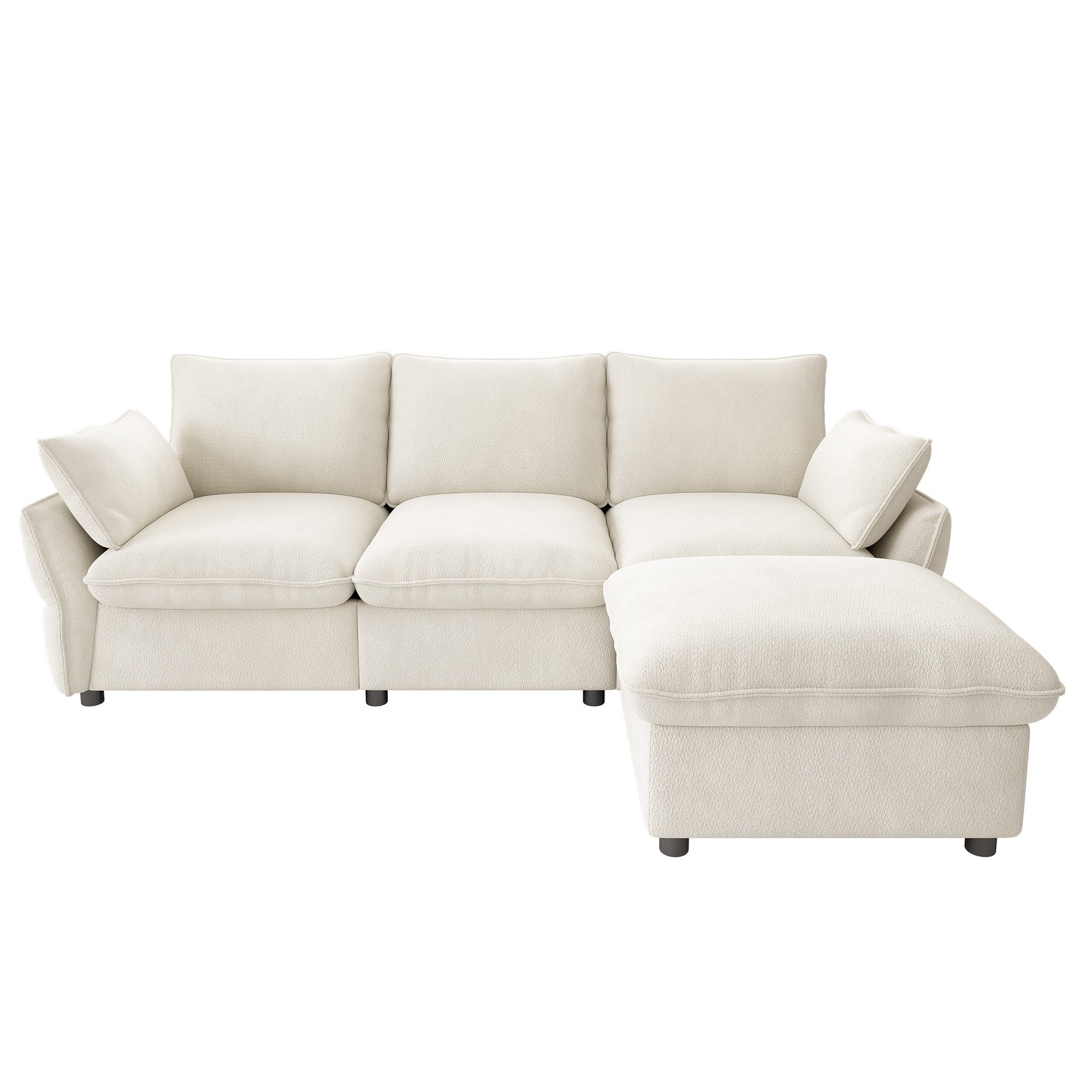 Flieks Ecksofa 3-Sitzer Sofa inkl. 1 Hocker & 2 Zierkissen, 222,5×154,5×76,5 cm 1 Teile, L-Form Couch Chaiselongue mit Schlaffunktion, Chenille, Beige – Bild 5 von 5