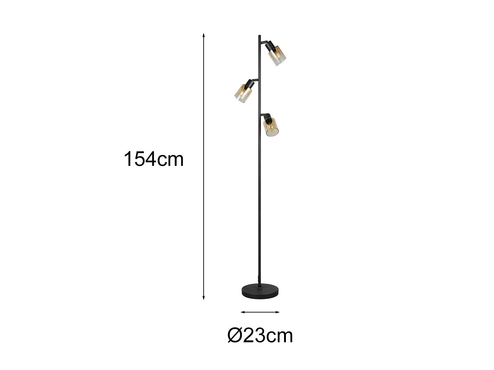 Reality Leuchten LED Stehlampe mit 3 schwenkbaren Glas Spots Höhe 154cm, Dimmfunktion, LED wechselbar, Warmweiß, Wohnzimmer Stehleuchte mit Strahlern Amberfarbi – Bild 4 von 5