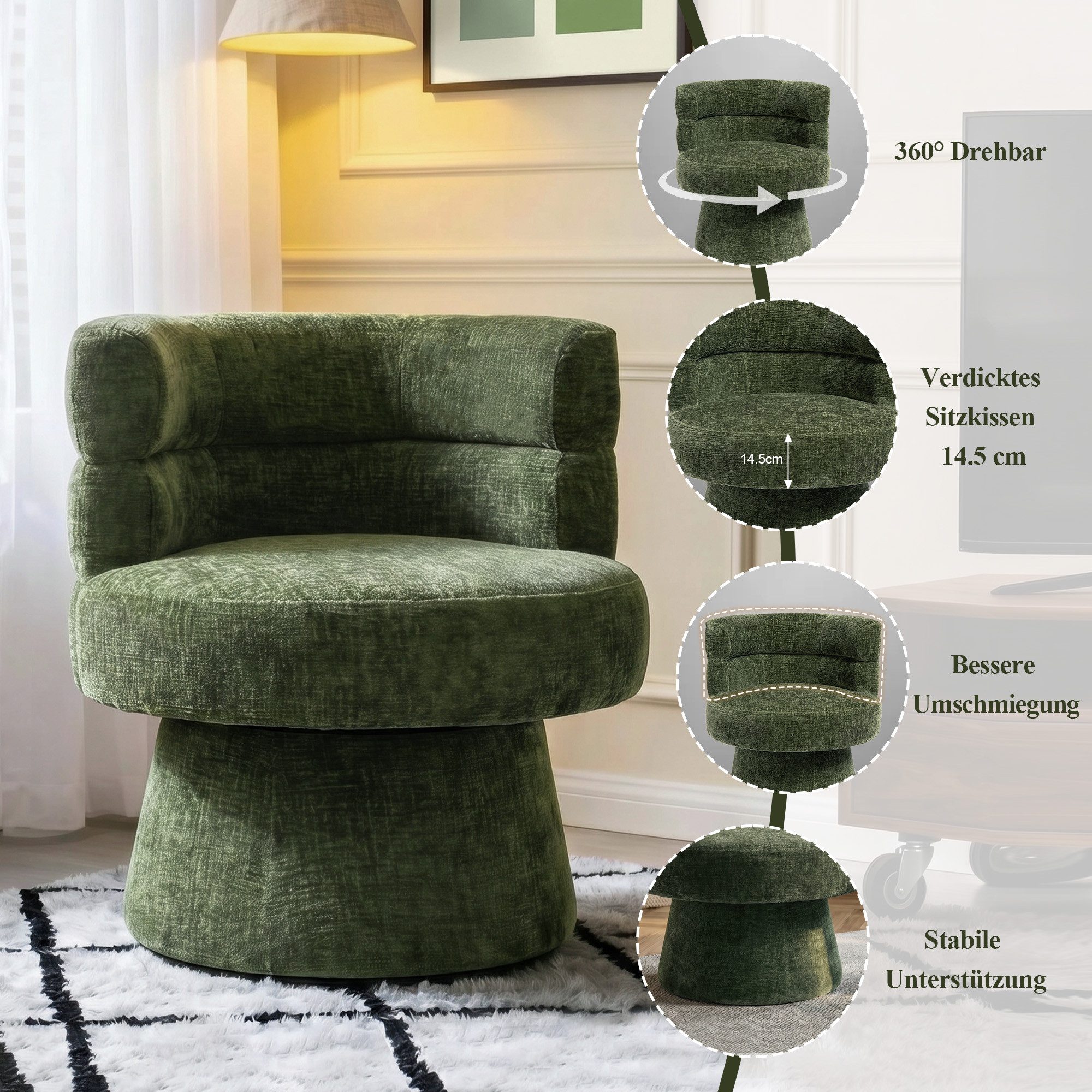 Duhome Loungesessel (7183G), Armlehnstuhl aus Chenille-Stoff, Schminktisch Stuhl 360° drehbar