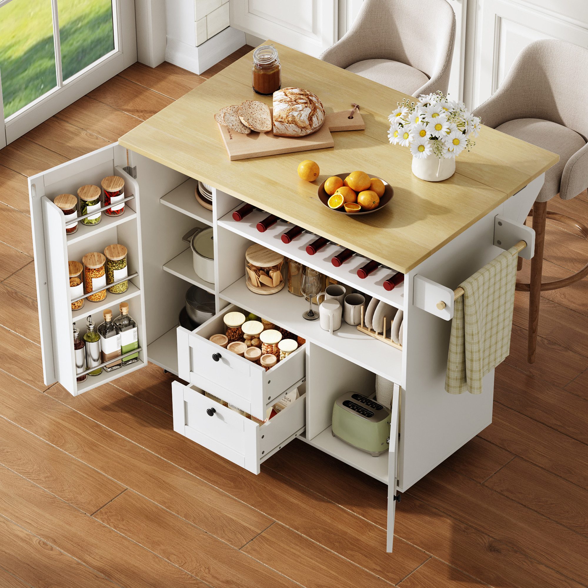 i@home Kücheninsel Küchenwagen freistehend mit Rollen und klappbarer Arbeitsplatte, (2 Schubladen und Weinregal), Servierwagen Stauraum für Küche und Esszimmer 104 cm