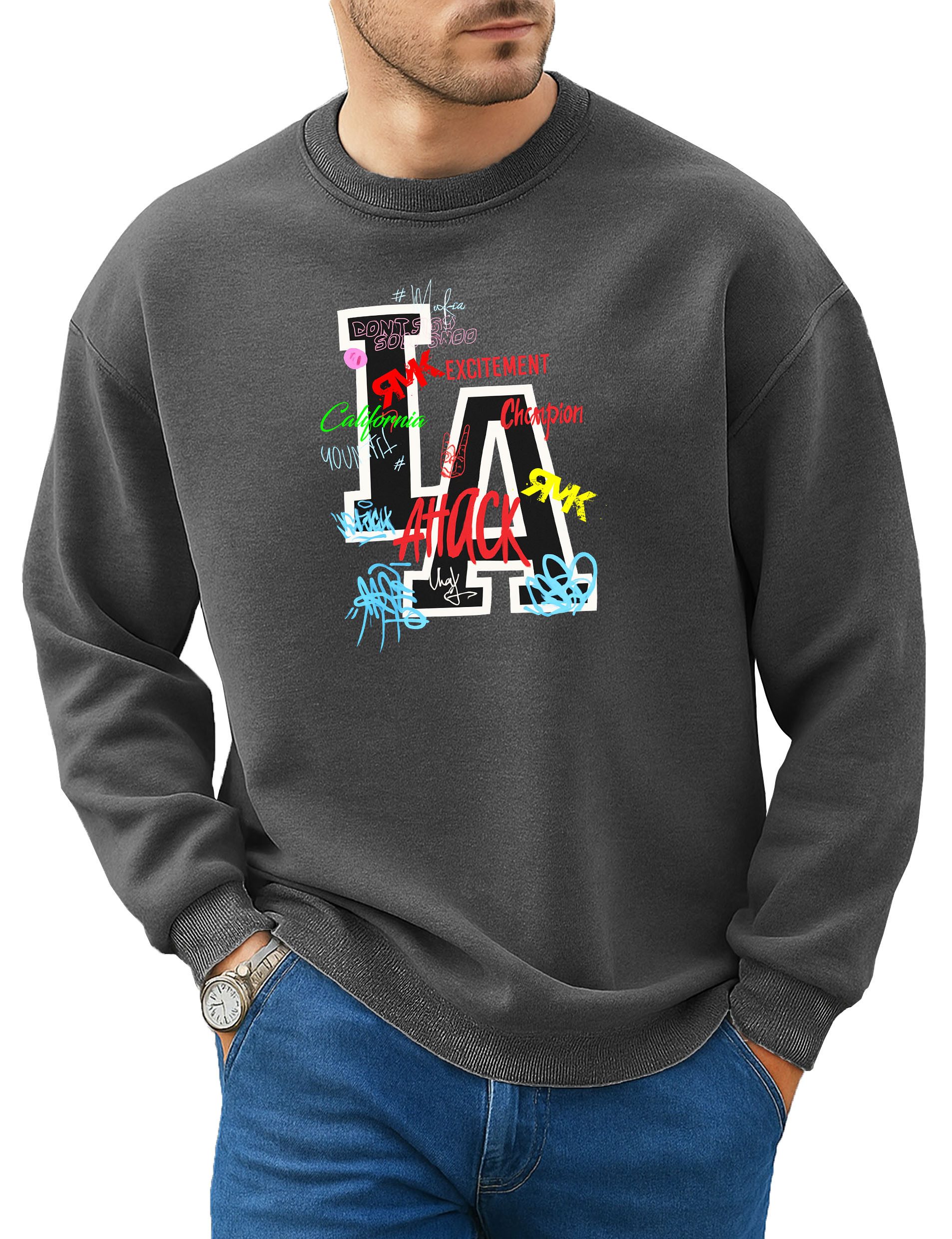 RMK Rundhalspullover Herren Pullover Pulli Langarmshirt Sweatshirt Oversize Los Angeles LA mit Baumwolle