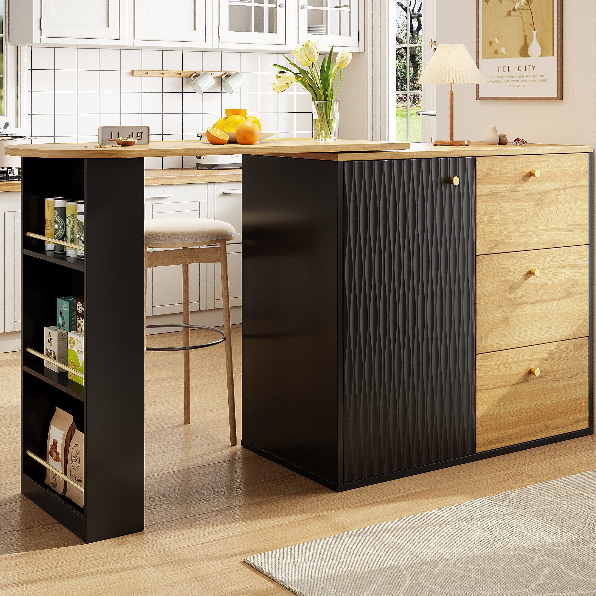 BBWL Küchentisch Ausziehbarer Bartisch mit Stauraum, 360° drehbare Essbar (138–204×39×104cm,Hochtisch Kücheninsel, MDF Holzmaserung mit Regalen und Schubladen)