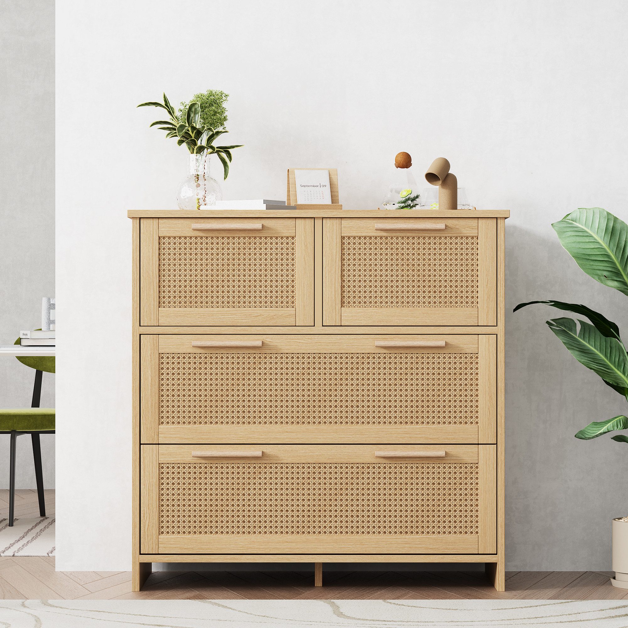 Merax Schubkastenkommode mit Rattangeflecht, Kommode mit 4 Schubladen,Sideboard,Landhaus,B:80cm