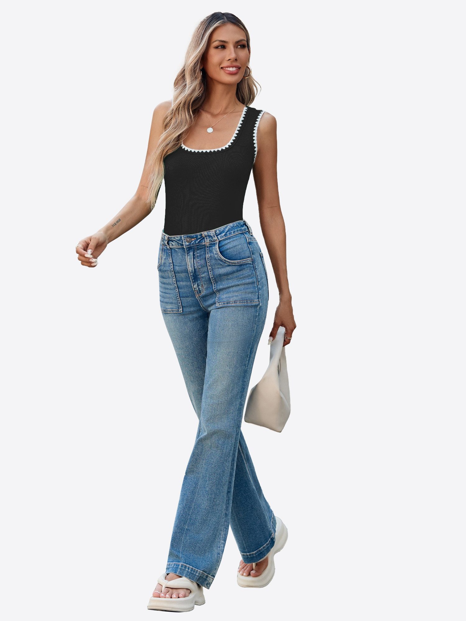 Imily Bela Tanktop Damen Gerippt kontrastierender Zickzack-Kante Quadratischer Kragen (Packung, 1-tlg., 1per-Pack) gehäkelt