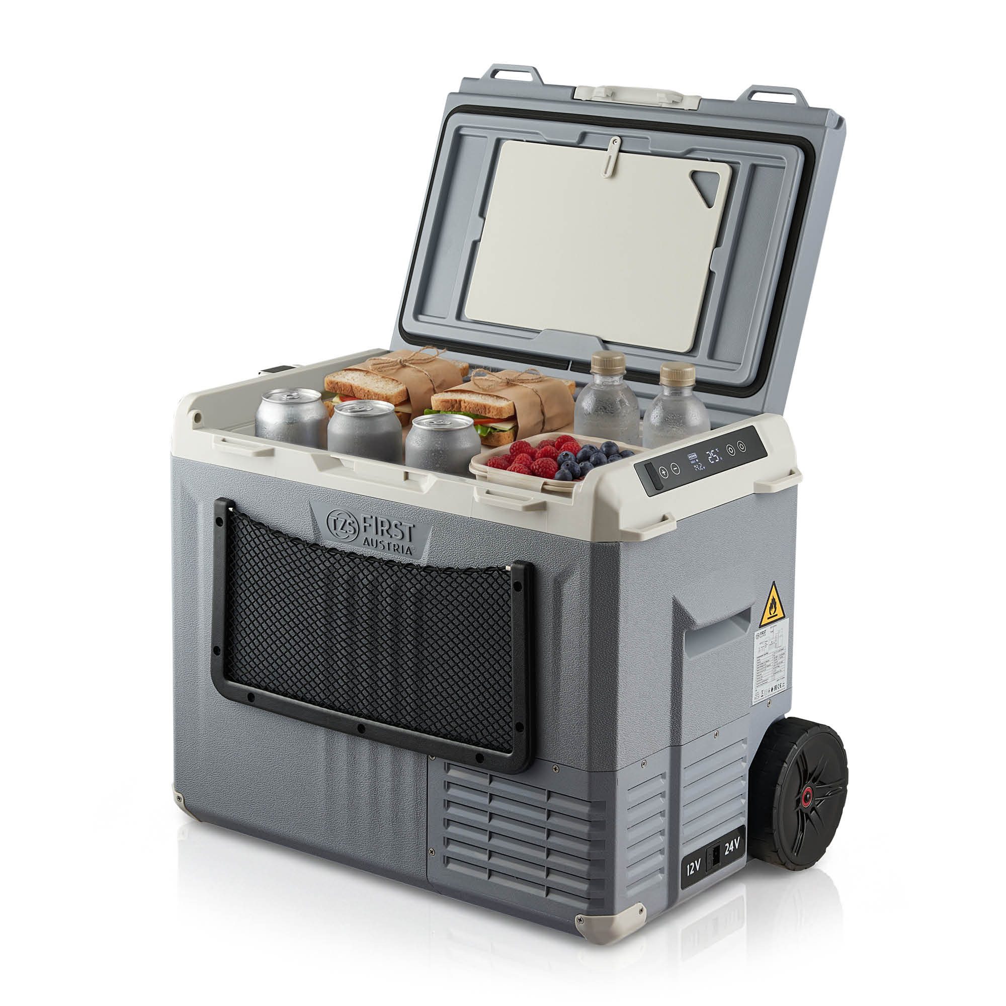 TZS FIRST AUSTRIA Elektrische Kühlbox Kompressor 40L, 12V / 230V Anschluss, App-Steuerung, Trolleyfunktion, Bis -20 °C, ECO & MAX Modus, inkl. Schneidebrett & Flaschenöffner