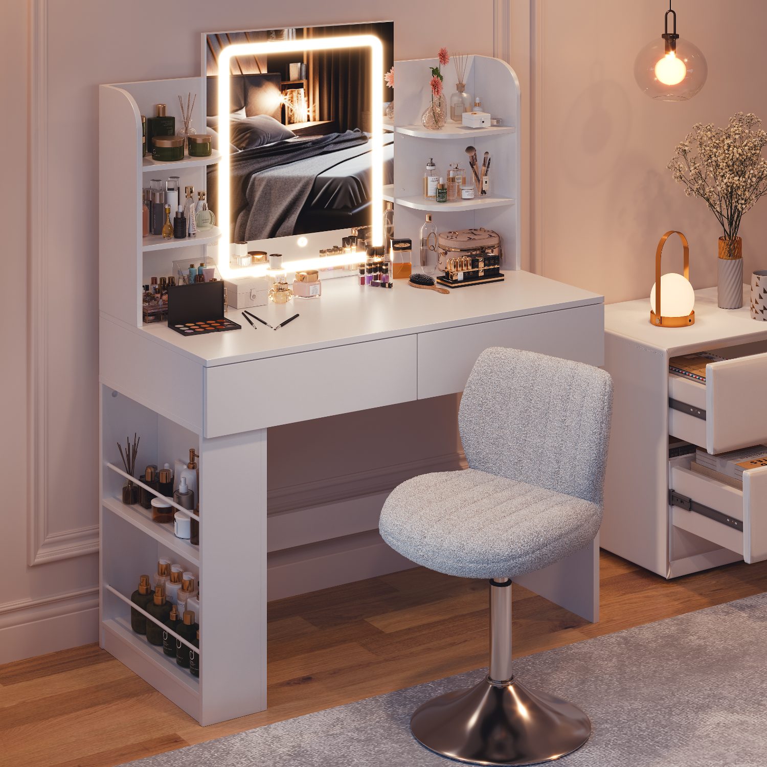 HOMALL Schminktisch Set aus Schminktisch und Hocker, mit einstellbarer Helligkeit (Maße: 90/110 × 40 × 135 cm, LED-Beleuchtung, 8 offene Fächer + 2 Schubladen, Seitenteile nach links oder rechts austauschbar, für eine bessere Raumnutzung)