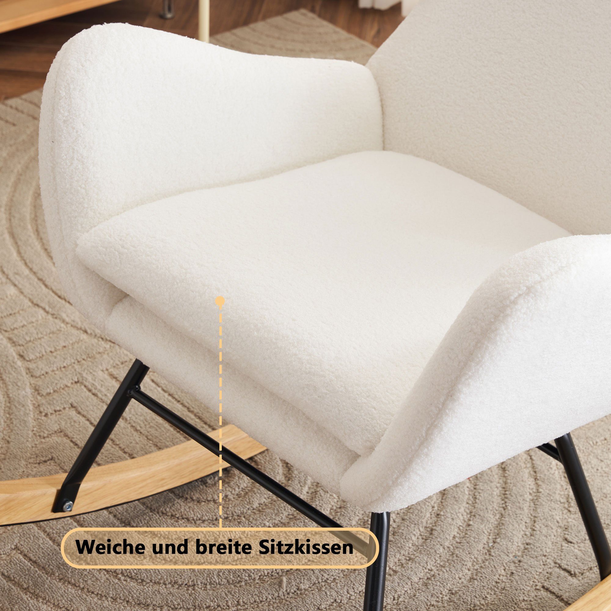 Armlehnen, Relaxsessel verstellbare bis (mit kg), weiß Sitzkissen, und und Schwingsessel KLAM weiß Loungesessel mit Fußstütze mit HOME Ergonomischer Freizeitstuhl | weiß Rückenlehne Schaukelstuhl Schaukelsessel Massivholz-Beine 150