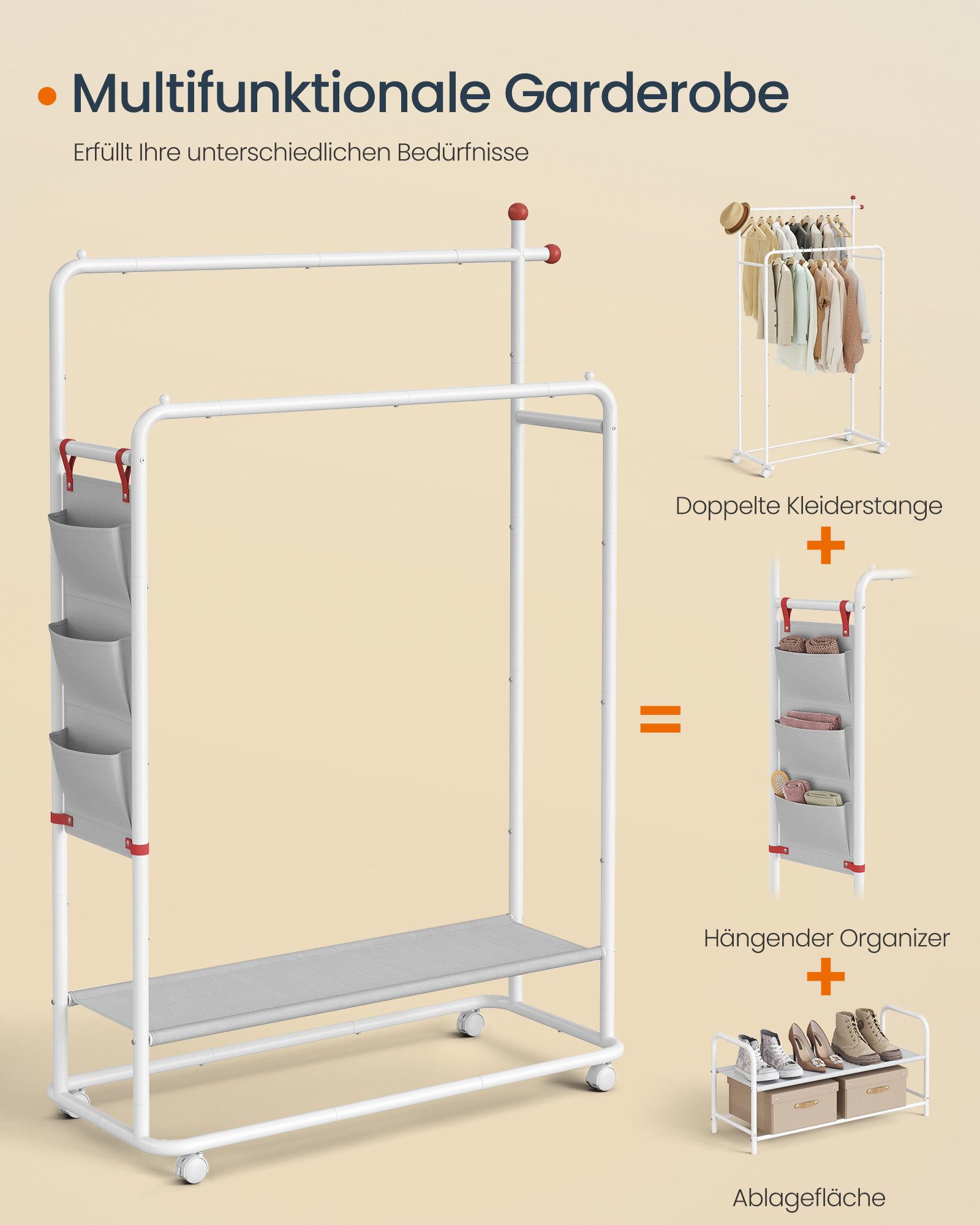 SONGMICS HOME Kleiderständer, Kleiderständer auf Rollen, Garderobenständer, 2 Hängestangen