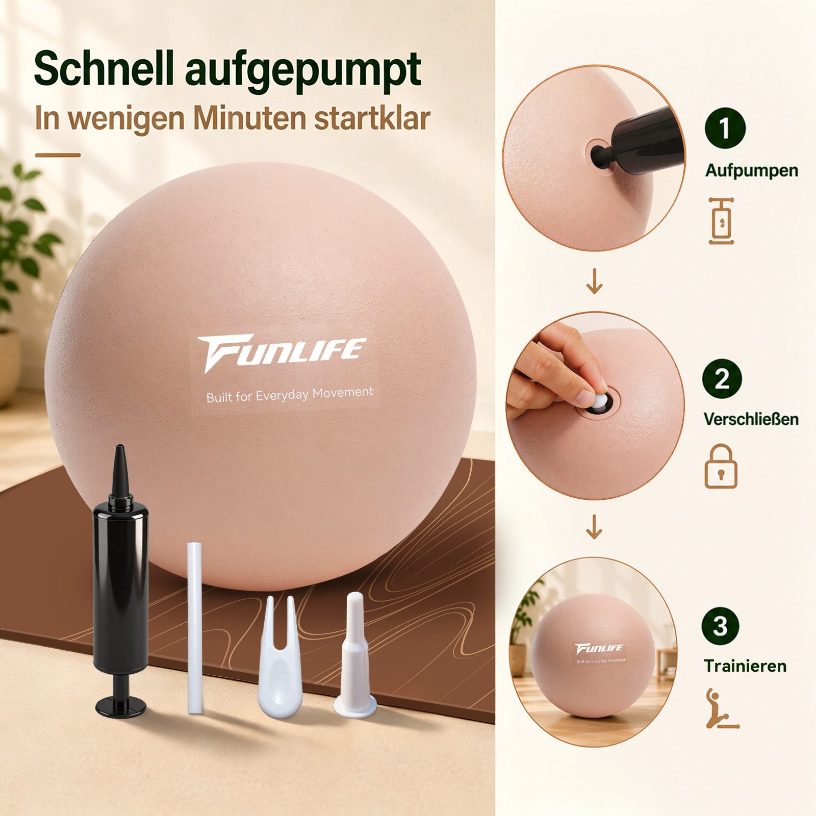 FunLife Pilatesball CORE 25 (Pilatesball-Set, 1 Pilates Ball, Ø 25 cm, 1 Handpumpe, Verschlussstopfen und Zubehör), Griffige Oberfläche, Luftdruck individuell anpassbar