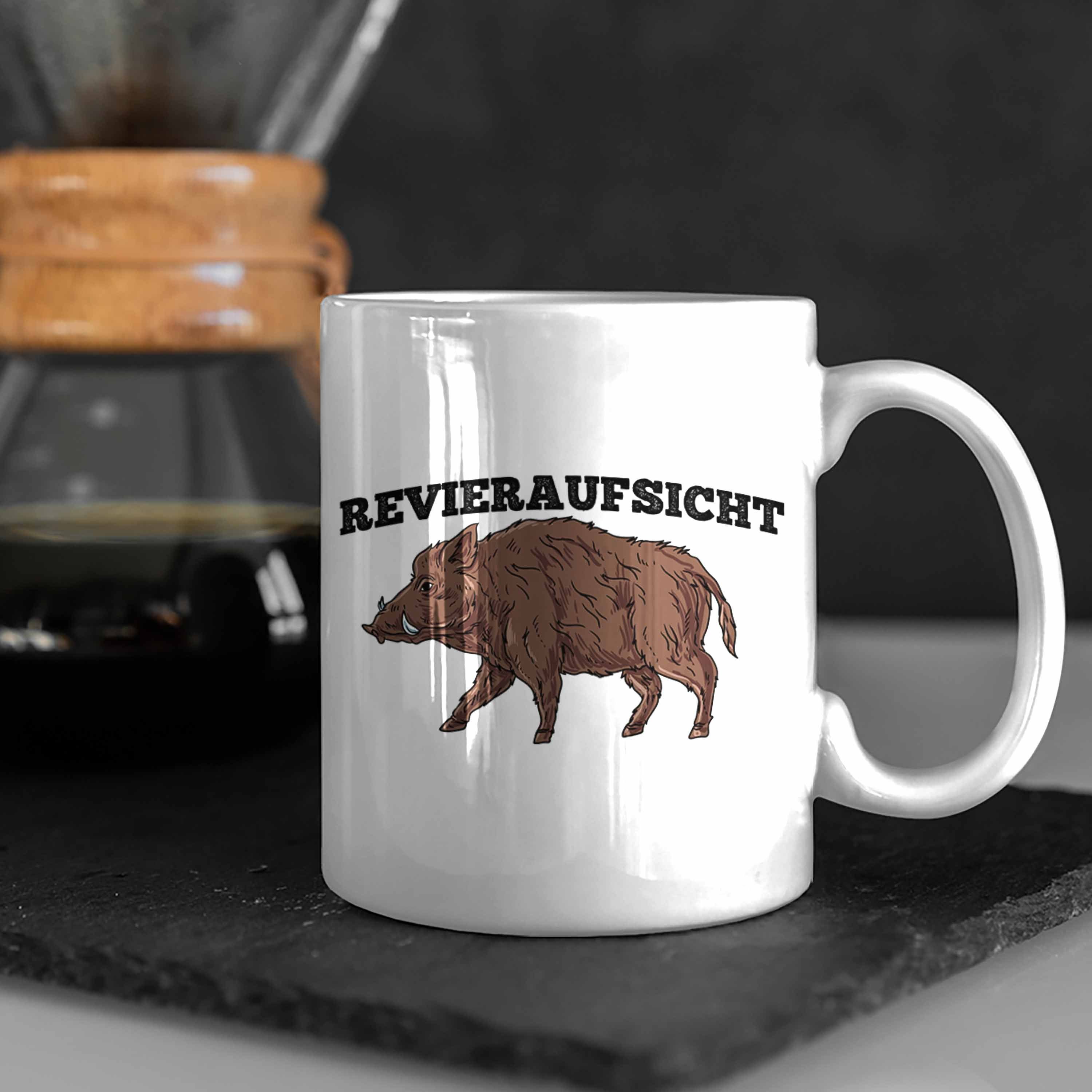 Tasse für Wildschwein Jäger J Tasse Trendation Weiss Geschenk "Revieraufsicht" Grafik Lustige