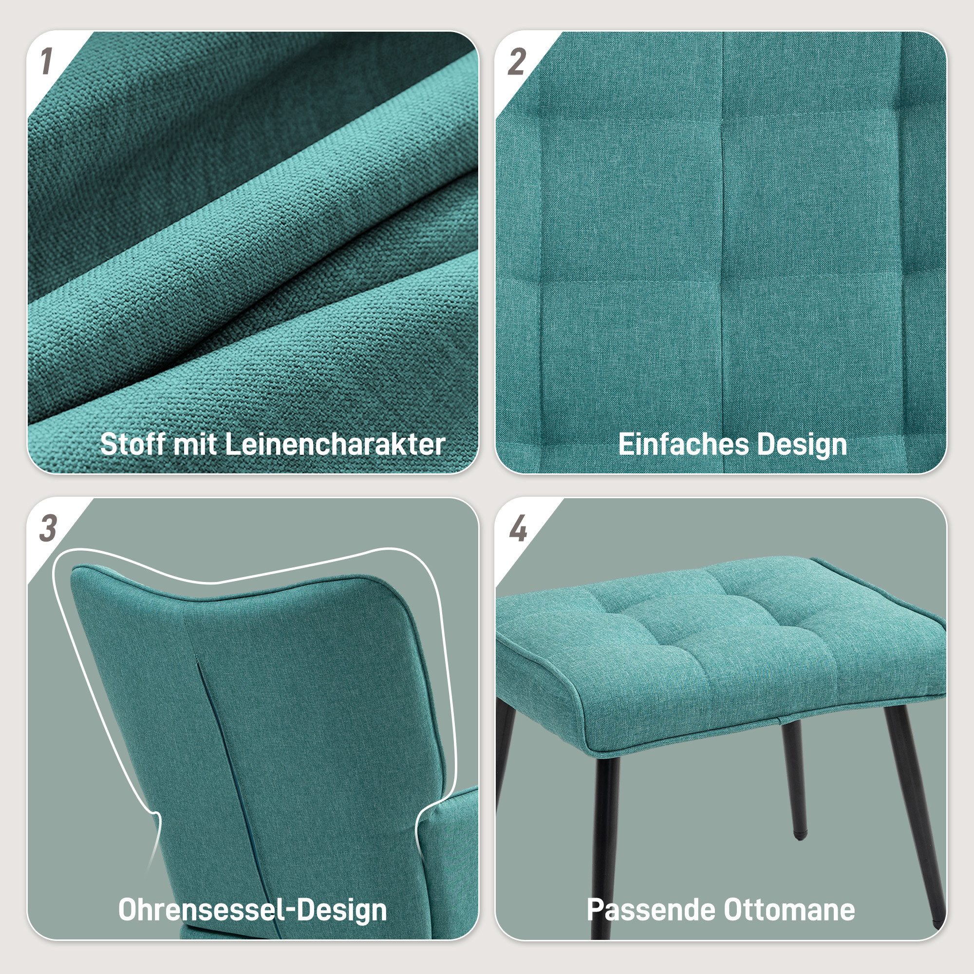 HOMCOM Schaukelsessel Schaukelstuhl mit Hocker, Sessel mit Leinenoptik (Schaukelstuhl, 2-St., Schwingsessel), für Wohnzimmer, Schlafzimmer, 64L x 89B x 90H cm,  – Bild 5 von 5