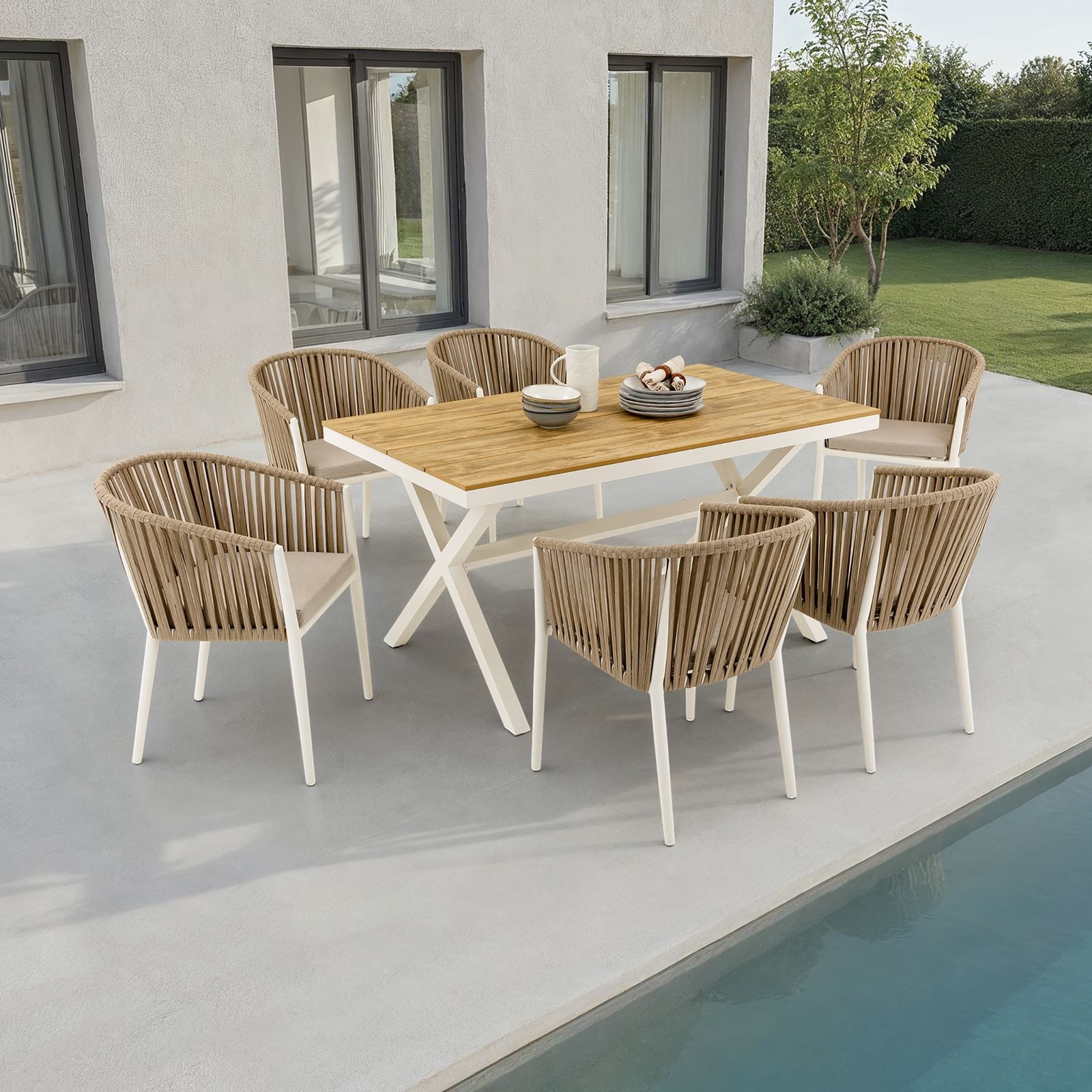 IDIMEX Garten-Essgruppe ISOLA, Gartenmöbel Set, 6 Personen wetterfest aus Alu und Rope Weiß/Beige
