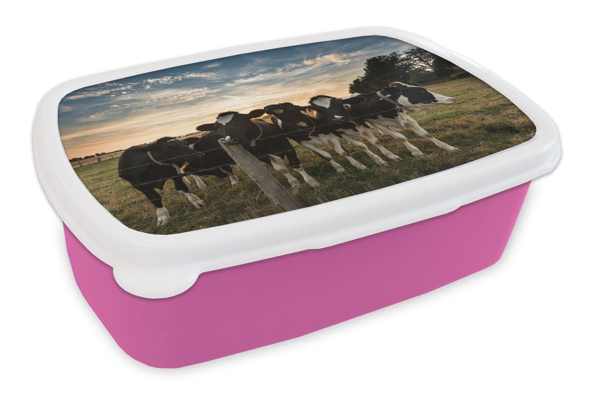 MuchoWow Lunchbox Tiere - Kuh, Kunststoff, (2-tlg), Brotbox für Erwachsene, Brotdose Kinder, Snackbox, Mädchen, Kunststoff rosa