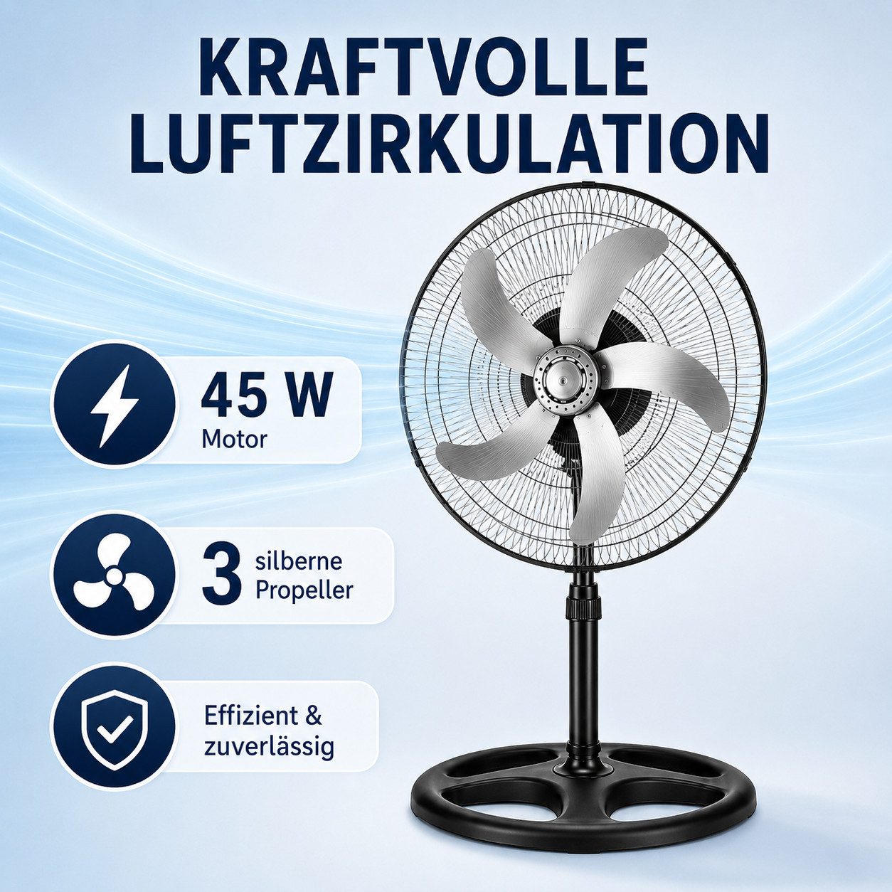 Ertex Standventilator Standventilator`Ventilator Leistungsstarker 45 W, Ø 45 cm, 130 cm