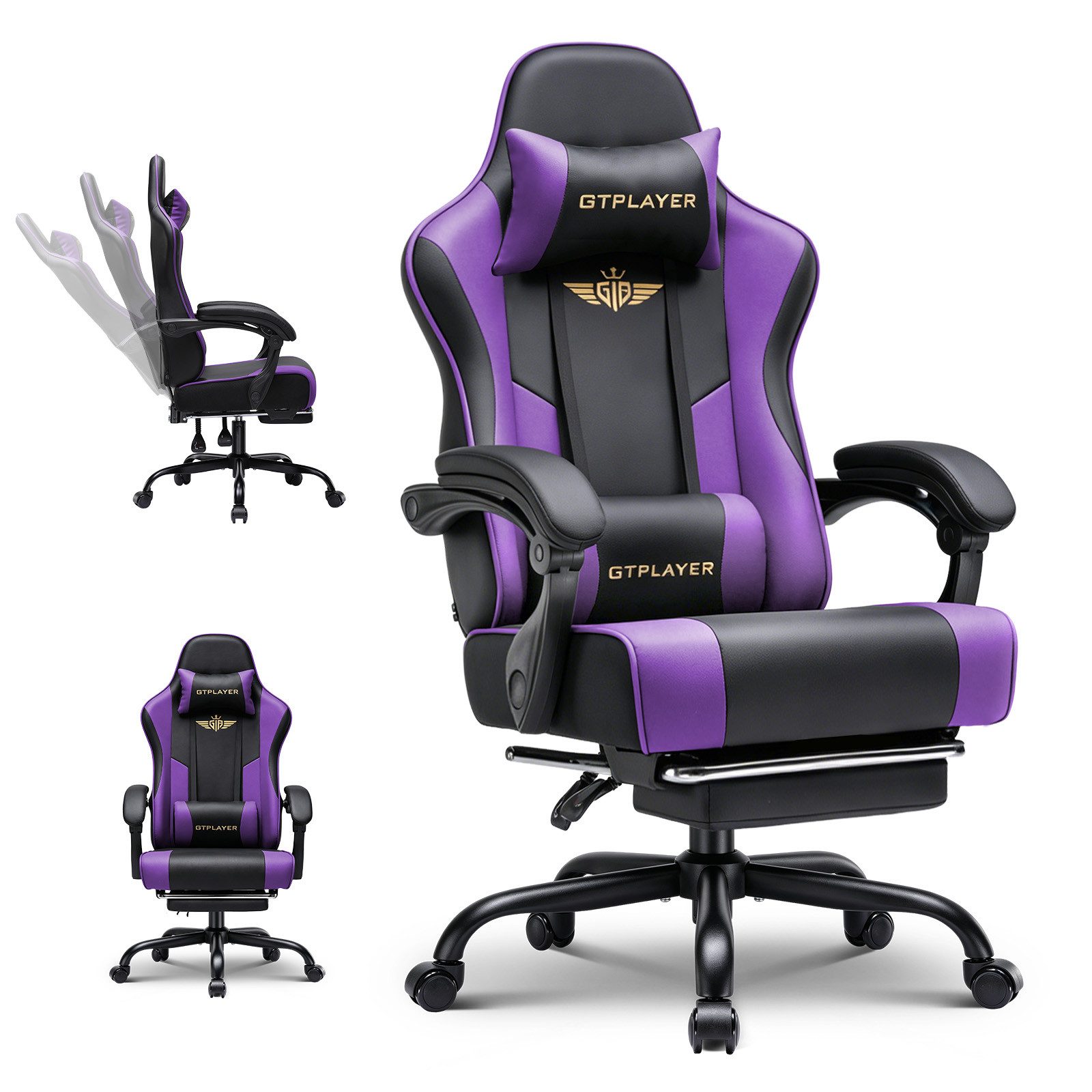 GTPLAYER Gaming-Stuhl Gaming Stuhl Chair Gamer Sessel - Ergonomischer Gamer Stuhl, mit Fußstütze Kopfstütze und Lordosenstütz 180kg