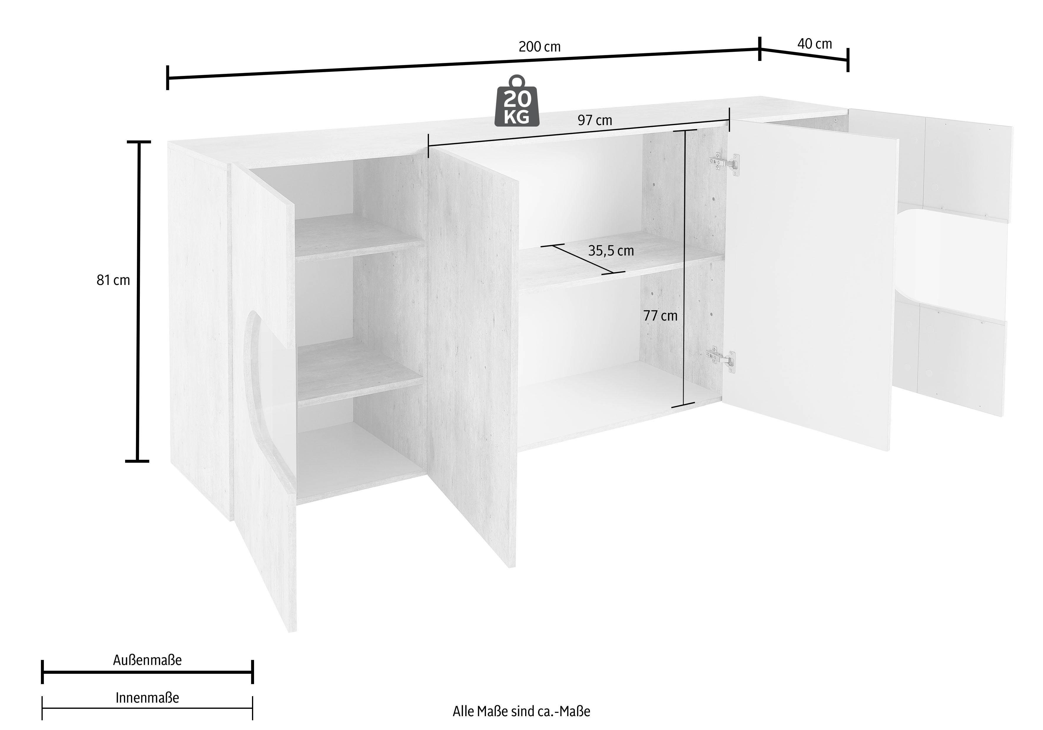Home affaire Sideboard Real,Vitrine,Kommode,Schrank, komplett hochglanz lackiert, weiß Hochglanz lackiert mit 4 Türen davon 2 Glastüren, Breite 200
