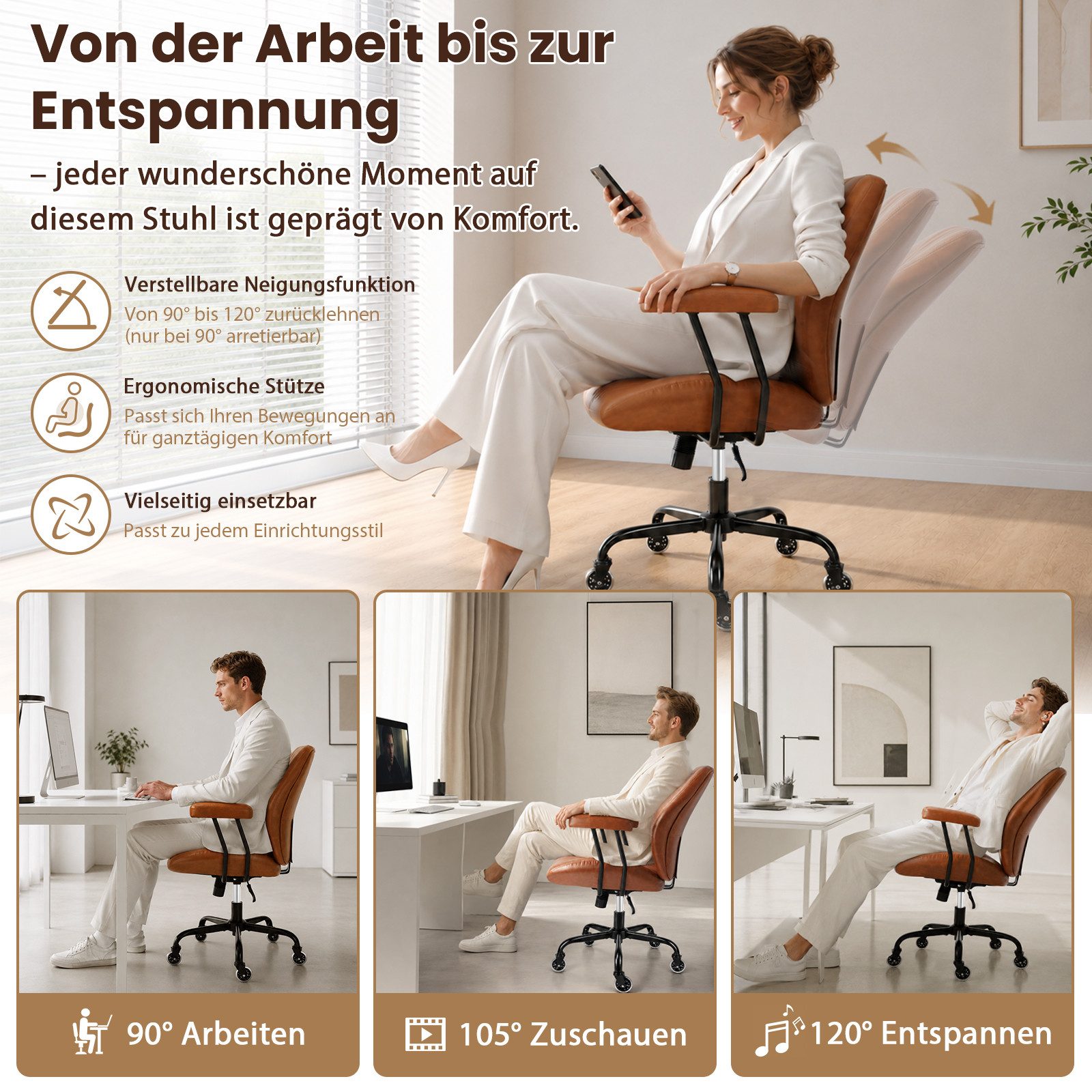 Hoolamyie Bürostuhl,drehstuhl PU-Leder, 90–120° neigbar, Lordosenstütze, leise Rollen (Höhenverstellbar, Bis 150 kg belastbar, Abnehmbare 7-cm-Armlehnen), 360° drehbar, höhenverstellbar, PU-Kunstleder, Rollen