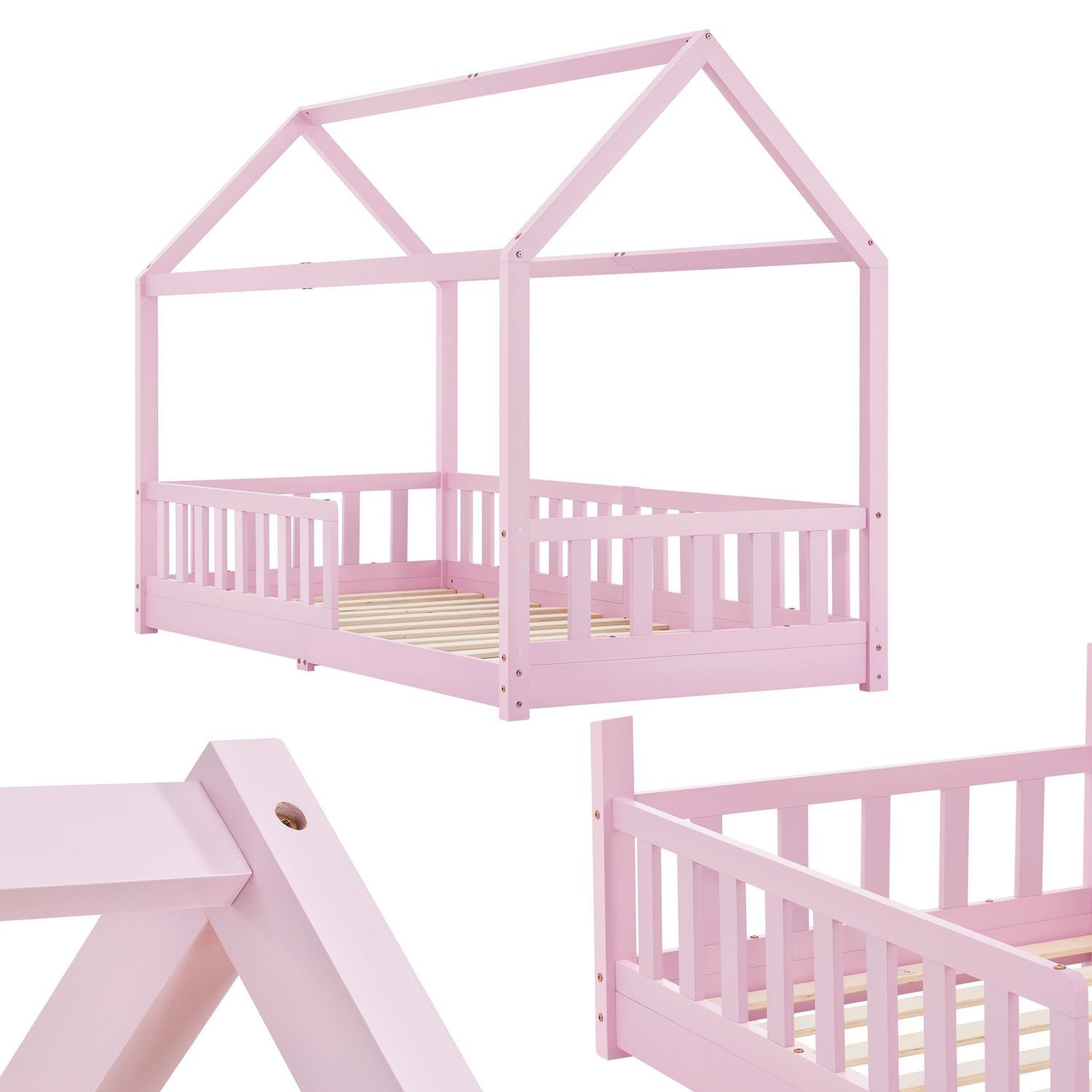 Juskys Kinderbett Marli 90 x 200 cm in Rosa aus Kiefer mit Rausfallschutz & Lattenrost, Hausbett für Kinder von 3 bis 10 Jahren, bis 125 kg …