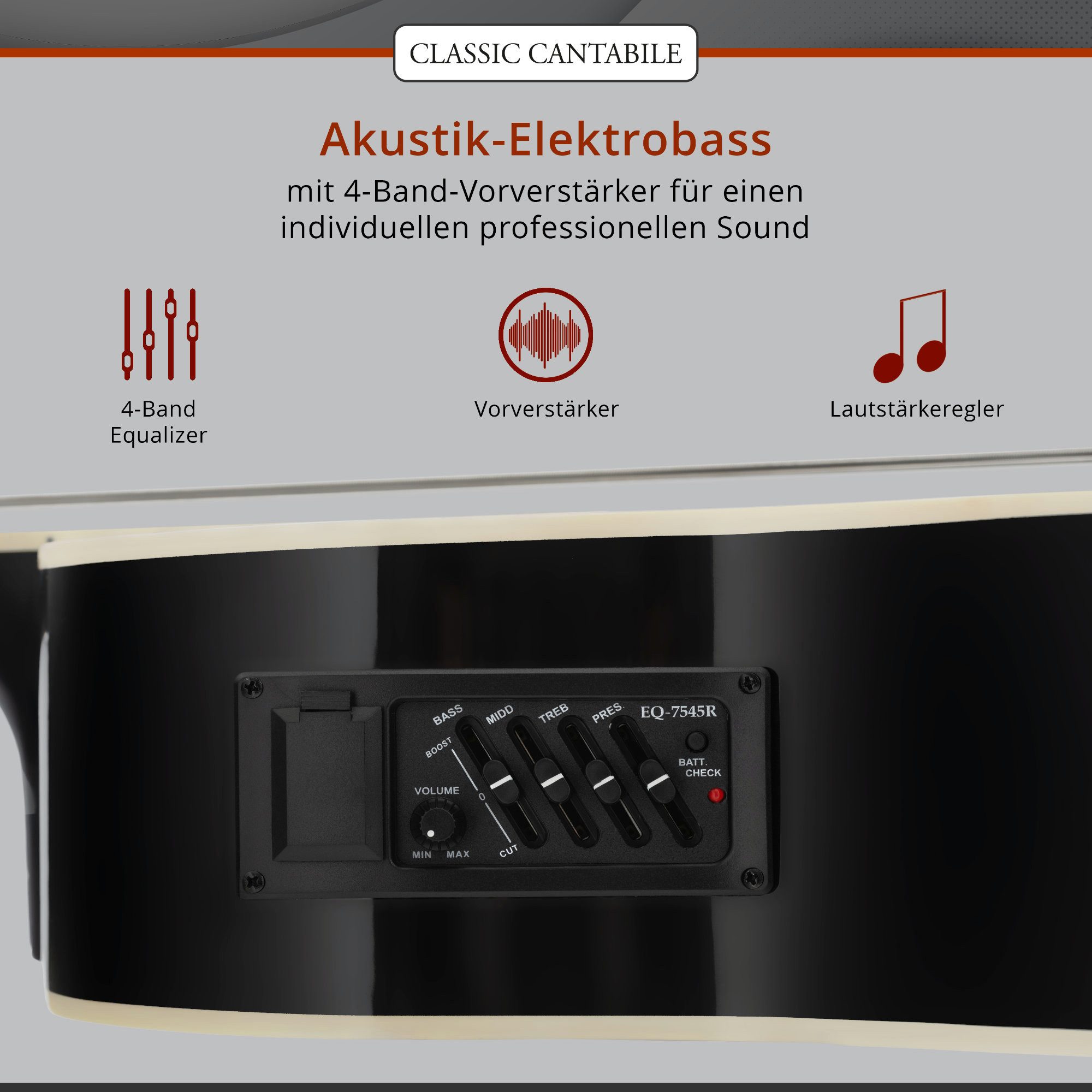 Classic Cantabile Akustik-Bass AB4-20CE Short Scale-Akustik Bass - mit Tonabnehmer, Grand Concert mit Cutaway, Undersaddle-Piezo mit EQ-7545R Preamp – Bild 2 von 5