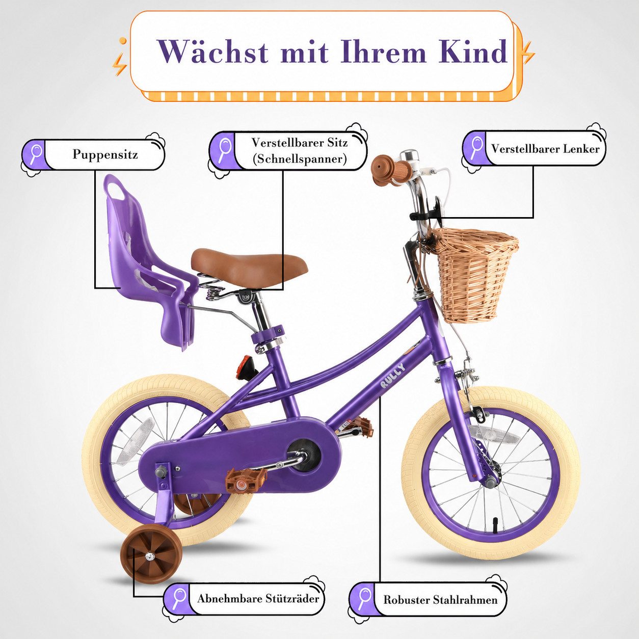 RULLY Kinderfahrrad Kinderfahrrad für Mädchen 12/14/16 Zoll mit Stützrädern, 2–7 Jahre, 1 Gang, Mit Korb, Puppensitz, Stützrädern, Schutzblech & Glocke