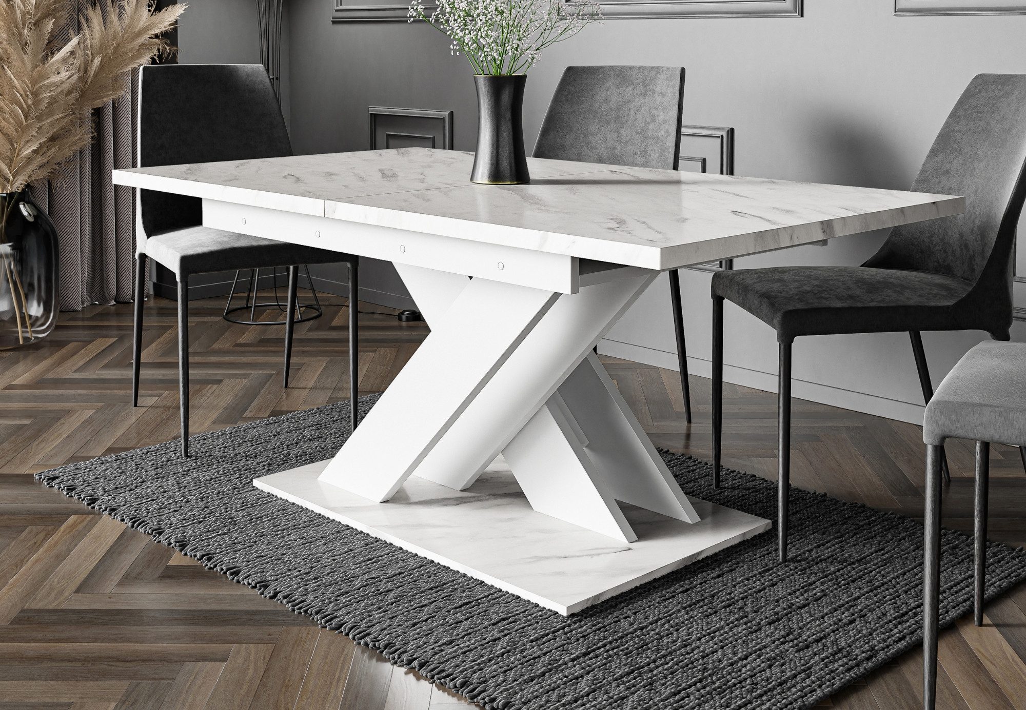 Home Collective Esstisch ausziehbar Tisch Küchentisch Esszimmertisch Ausziehtisch (Esszimmer Küche Wohnzimmer Esstisch erweiterbar), modernes Design mit X-Gestell, 140-180 x 80 cm Weiß Marmor-Optik