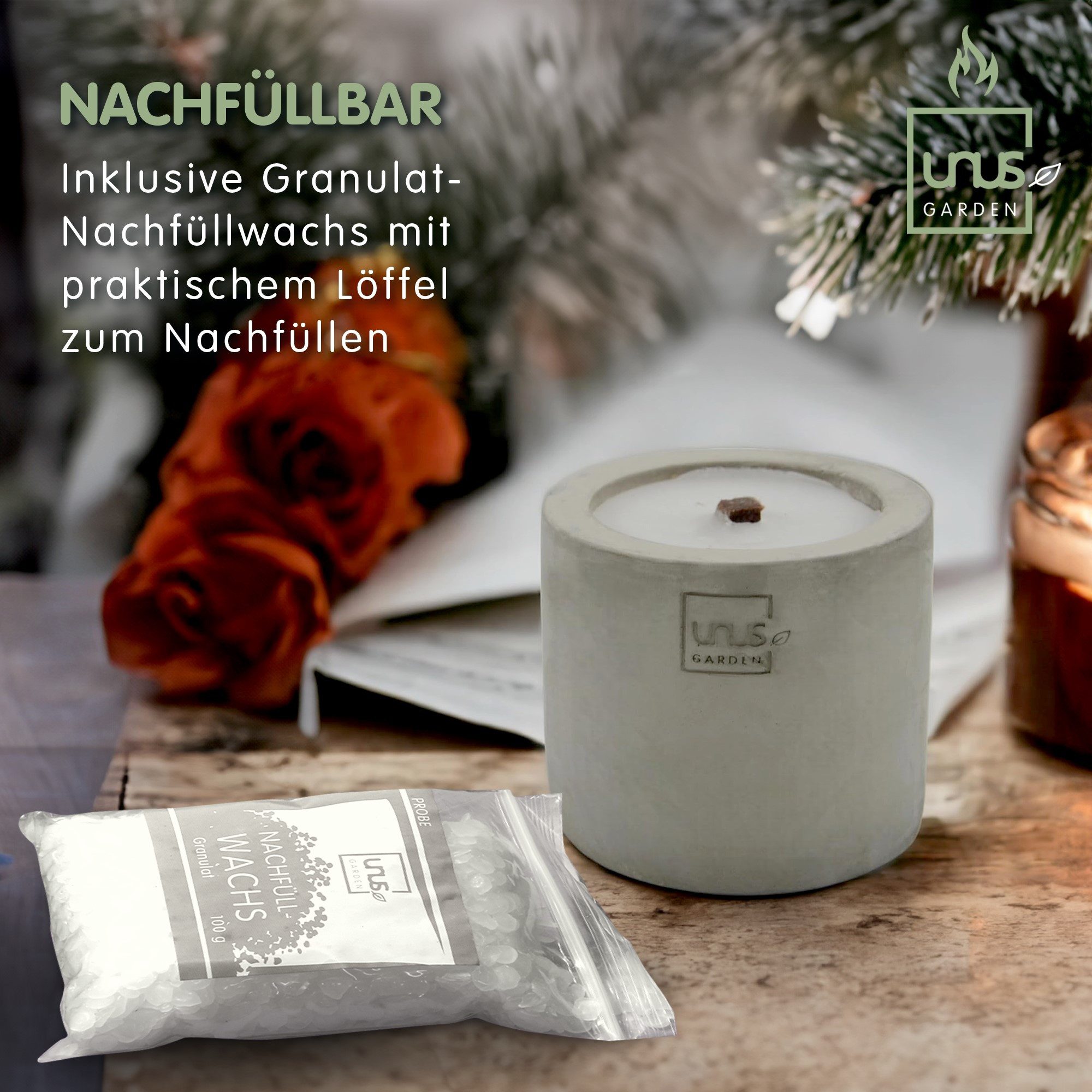 UNUS GARDEN Outdoorkerze Kerzen quaderförmig 2er Set handgemacht (inklusive Nachfüll-Wachs, Löffel und Löschdeckel), Kerzenfeuer Tischfeuer Outdoor-Tischfeuer Beton-Kerze Zylinder-Kerze