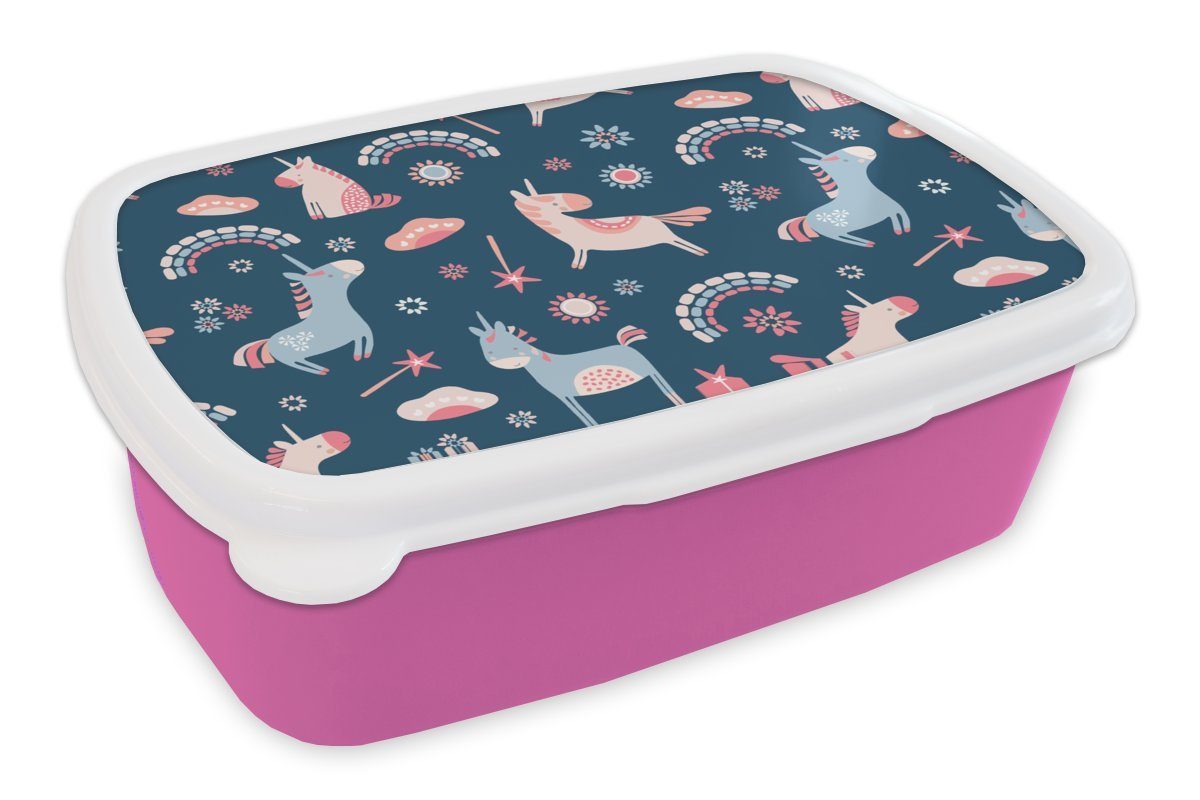 MuchoWow Lunchbox Einhorn - Regenbogen - Muster, Kunststoff, (2-tlg), Brotbox für Erwachsene, Brotdose Kinder, Snackbox, Mädchen, Kunststoff rosa