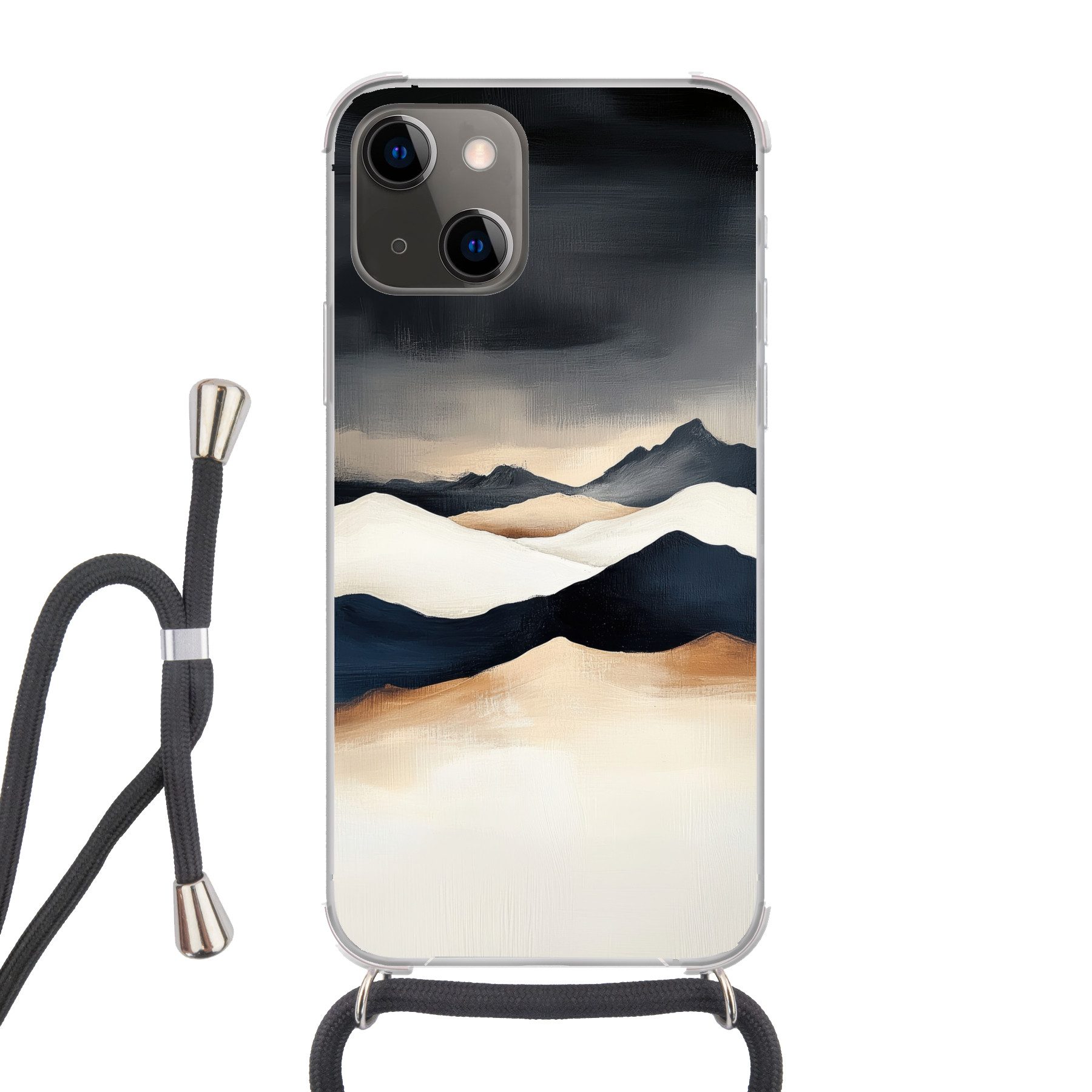 MuchoWow Handyhülle für Apple iPhone 13 Mini Berge - Dunkelblau - Landschaft, Tragbare Handyhüllen mit Kette zum umhängen, Handykette Handyband