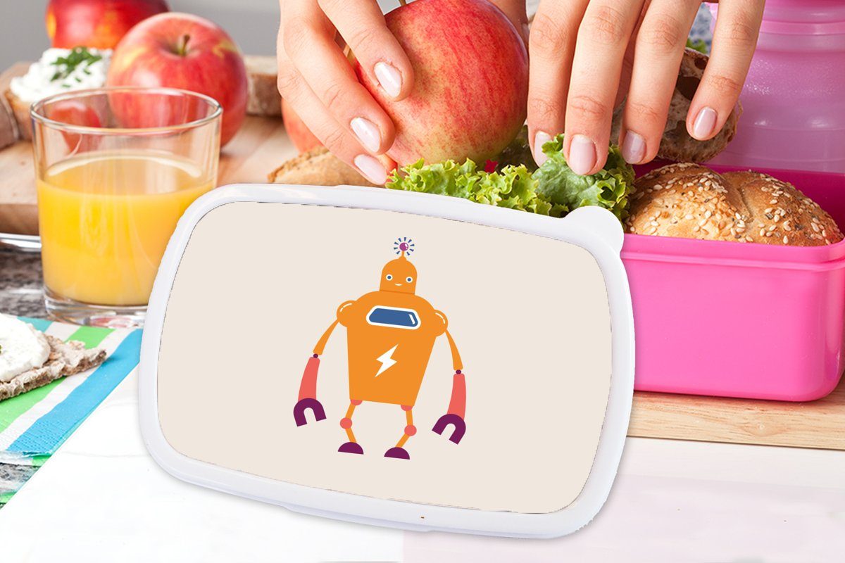 Lunchbox Brotdose - Kunststoff, Blitzschlag Erwachsene, Orange - Brotbox Kinder, Kinder, - Antenne - Mädchen, für Snackbox, MuchoWow Kunststoff (2-tlg), - Junge rosa Roboter