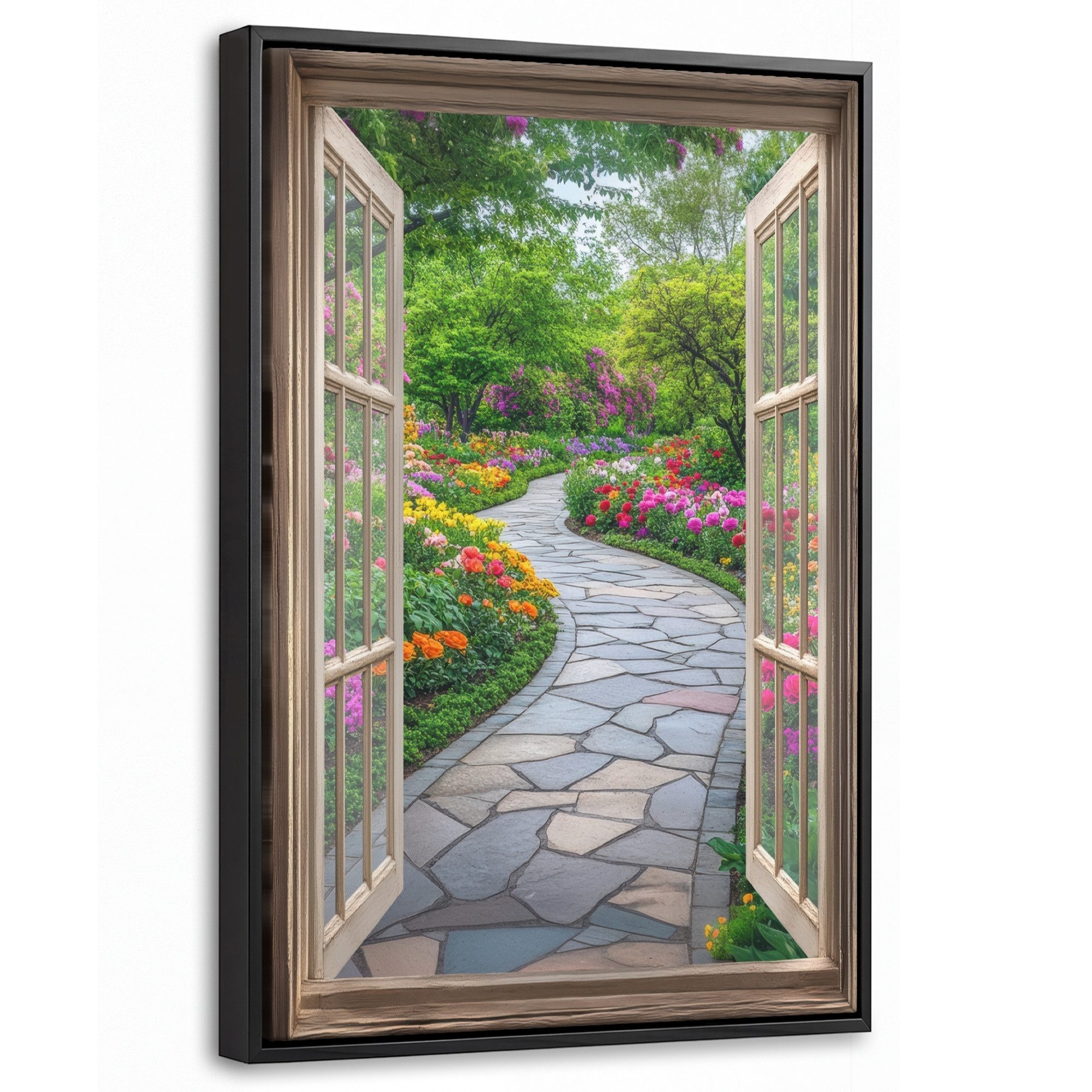 OneMillionCanvasses® Leinwandbild mit Rahmen - Aussicht - Blumen - Gartenweg - Natur - Fenster, Fotodruck (1 St), Deko für Wohnzimmer Schlafzimmer Küche 20x30cm