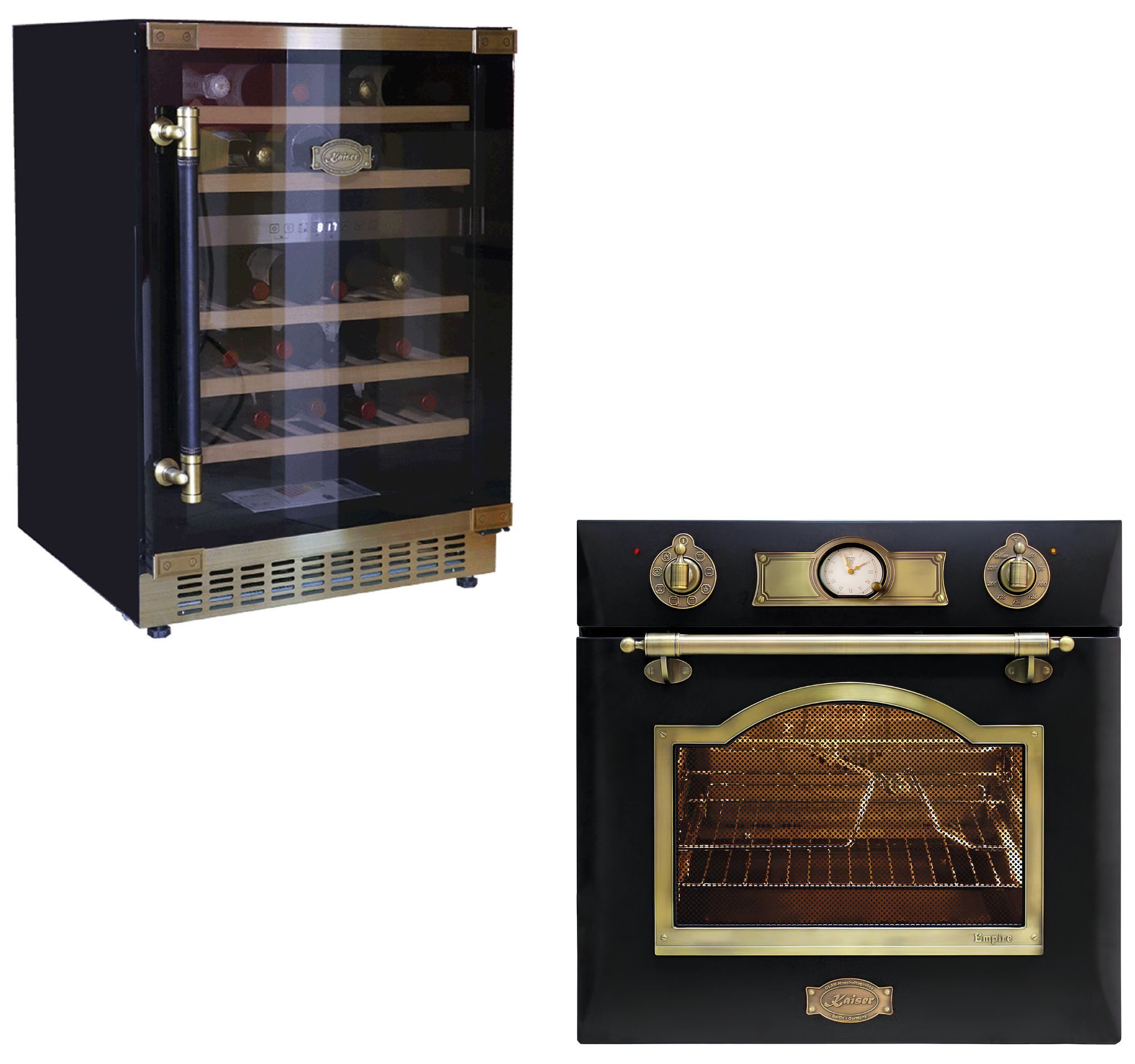 Kaiser Küchengeräte Backofen-Set Retro Elektro Einbau Backofen Autark 60cm 67L 8 Funktionen in Schwarz+Weinkühlschrank 145l 46 Weinflachen 2 Klimazonen Freistehend EH 6355 Em+K 64750 AD, mit 1-fach-Teleskopauszug