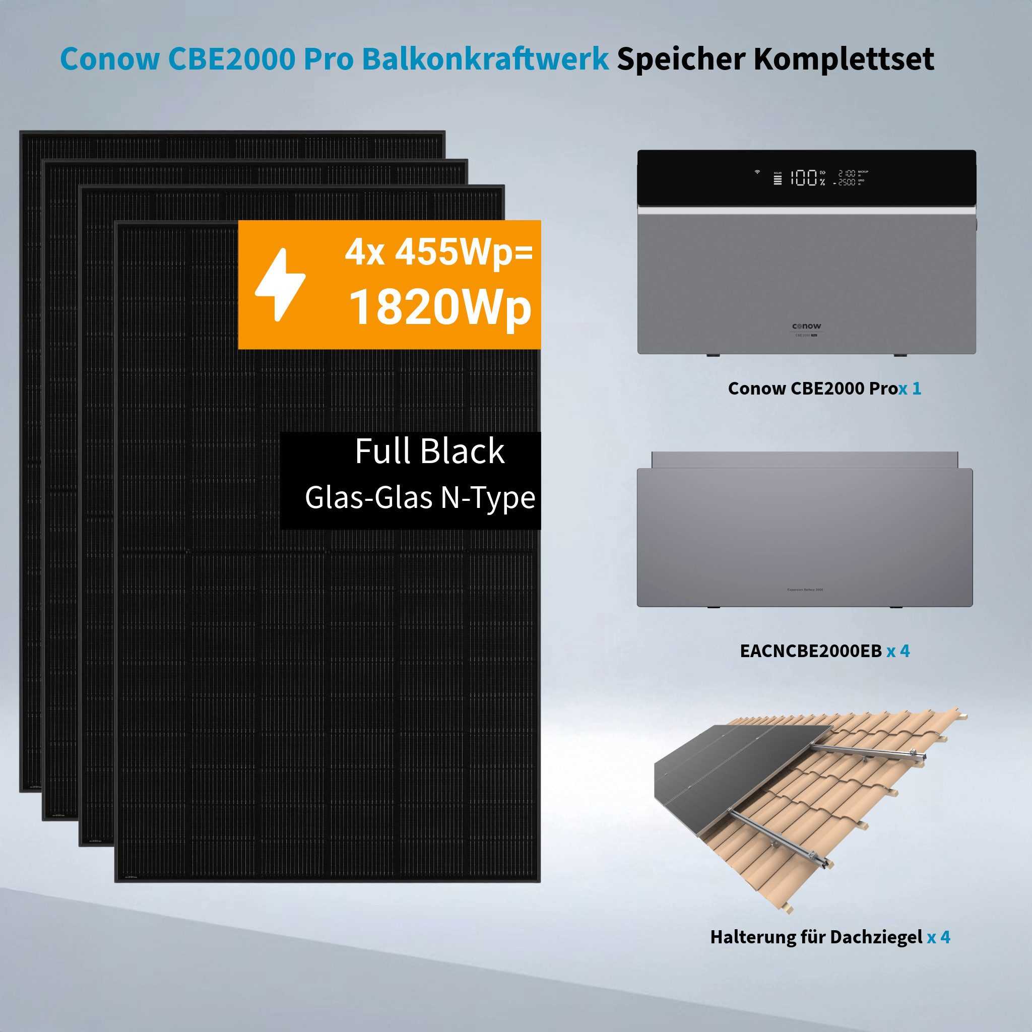 Conow Balkonkraftwerk Conow CBE2000 Pro 1820W Balkonkraftwerk Komplettset mit Halterung, (Set, Conow CBE2000 Pro+ 4x 455W Module+ Halterung), KI Energiemanagement, 2500W AC Ausgang, IP65, LiFePO4