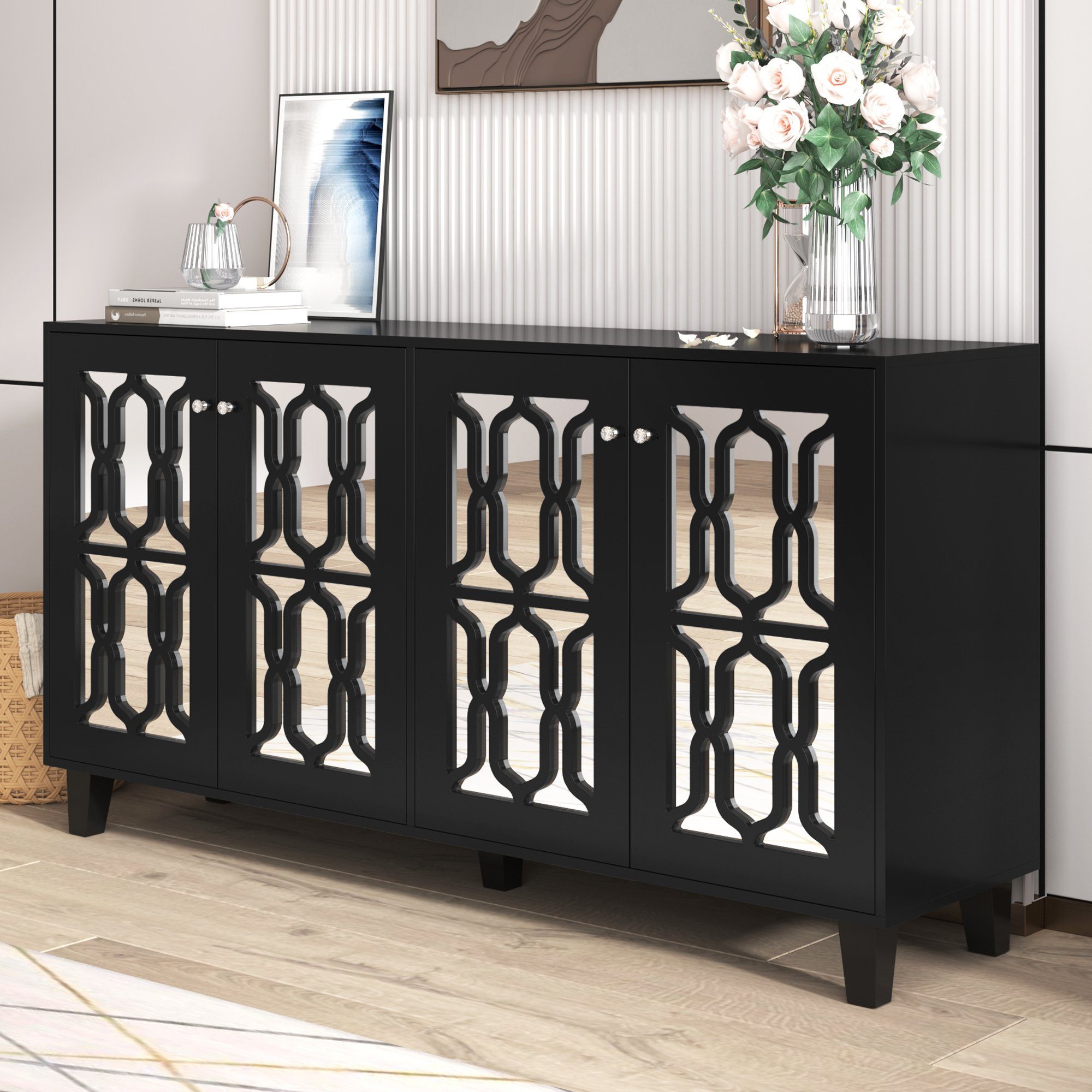 Merax Sideboard mit Spiegelelementen und geometrischem Trellis-Muster, Komm günstig online kaufen