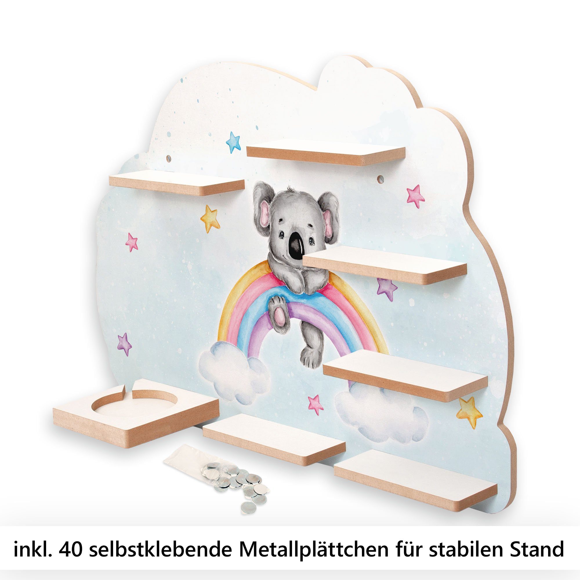 Kreative Feder für Metallplättchen inkl. & TONIE-BOX Koala TONIES Wandregal und 40 Regenbogen, MUSIKBOX-REGAL