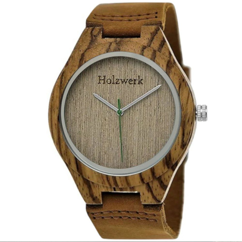 Holzwerk Quarzuhr BURGAU Damen und Herren Leder & Holz Armband Uhr, braun, grün
