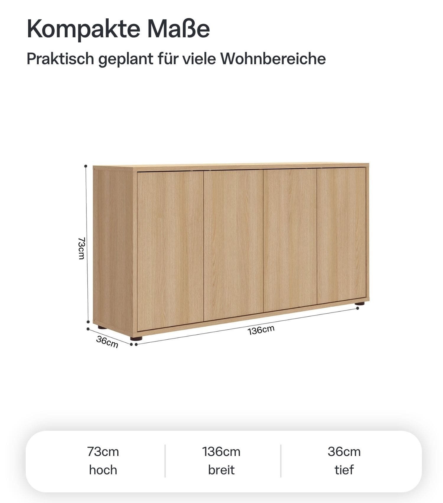 mokebo Sideboard 'Horizon' Holz Kommode Push-to-Open Türen Schrank (73x136 cm, mit Einlegeböden), Made in Germany, Kommode, Beistellschrank, Anrichte in Eiche – Bild 5 von 5