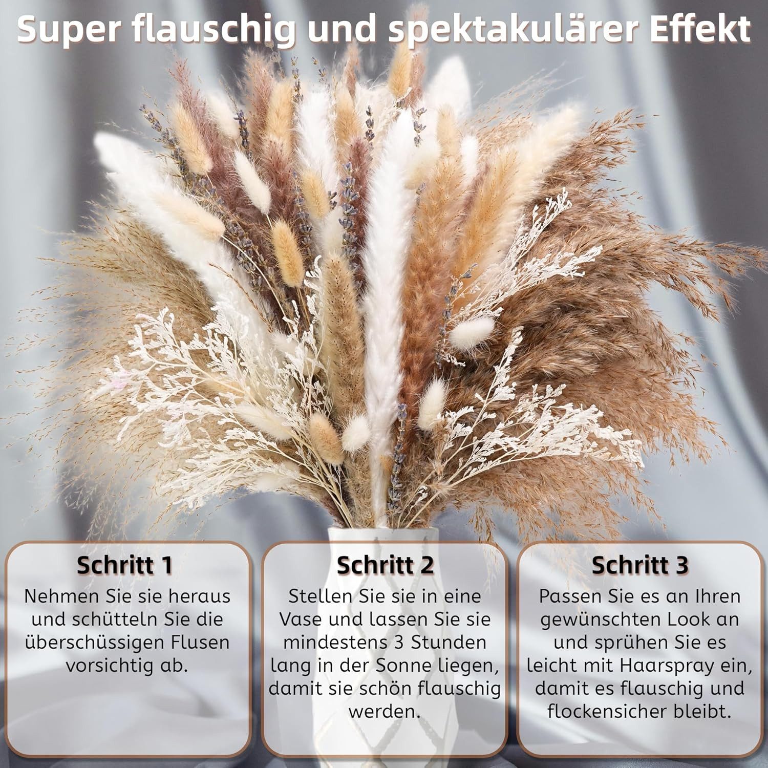 Trockenblume Pampasgras Deko,Fensterbrett Deko & Wohnzimmerdeko im Boho Stil 105pcs Braun,Weiß Pampasgras, Lavendel und Schilfgräser, ibettertec, Höhe 43 cm, DI – Bild 5 von 5