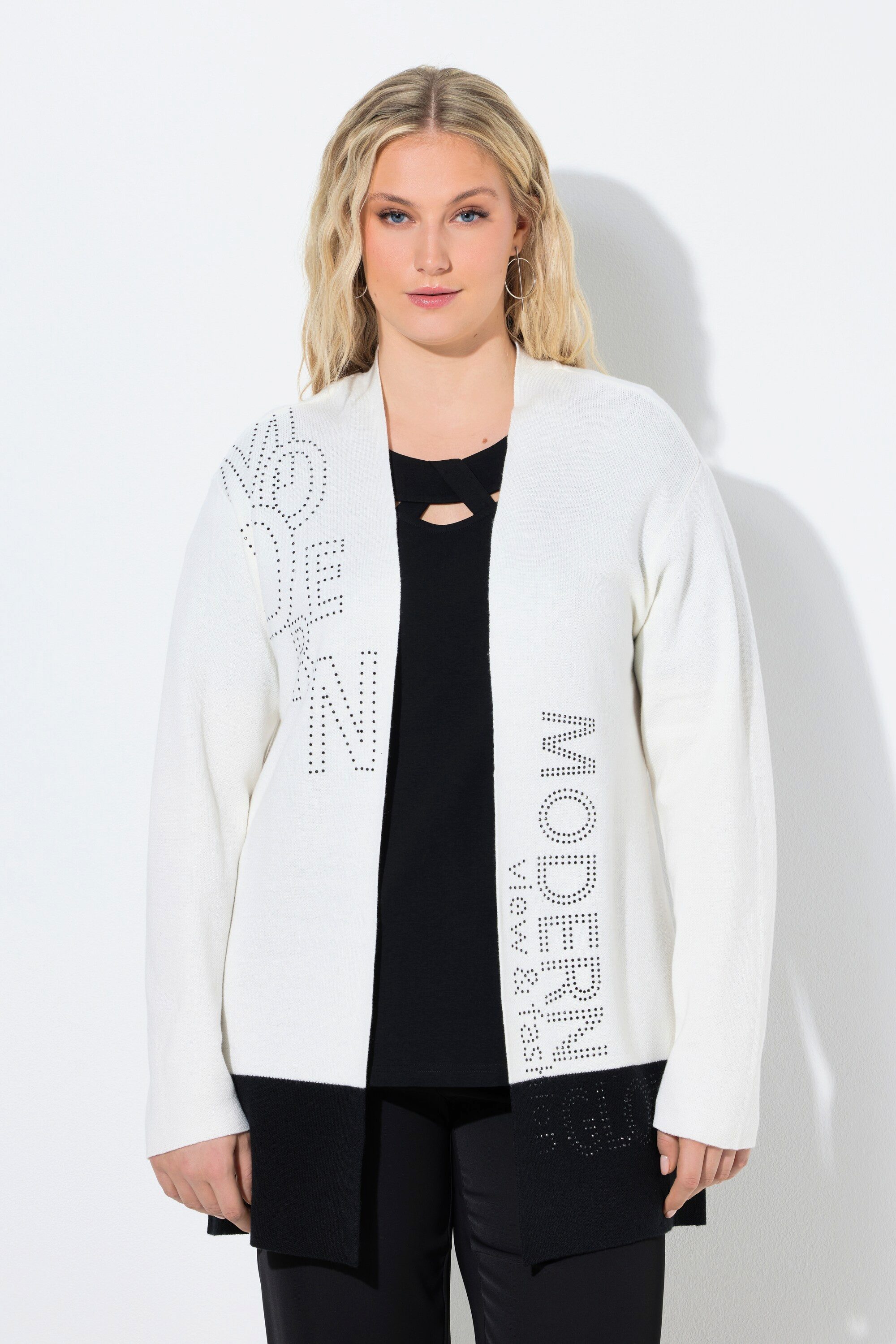 Ulla Popken Strickjacke Strickjacke Schriftmotiv Kelchkragen 3/4-Arm