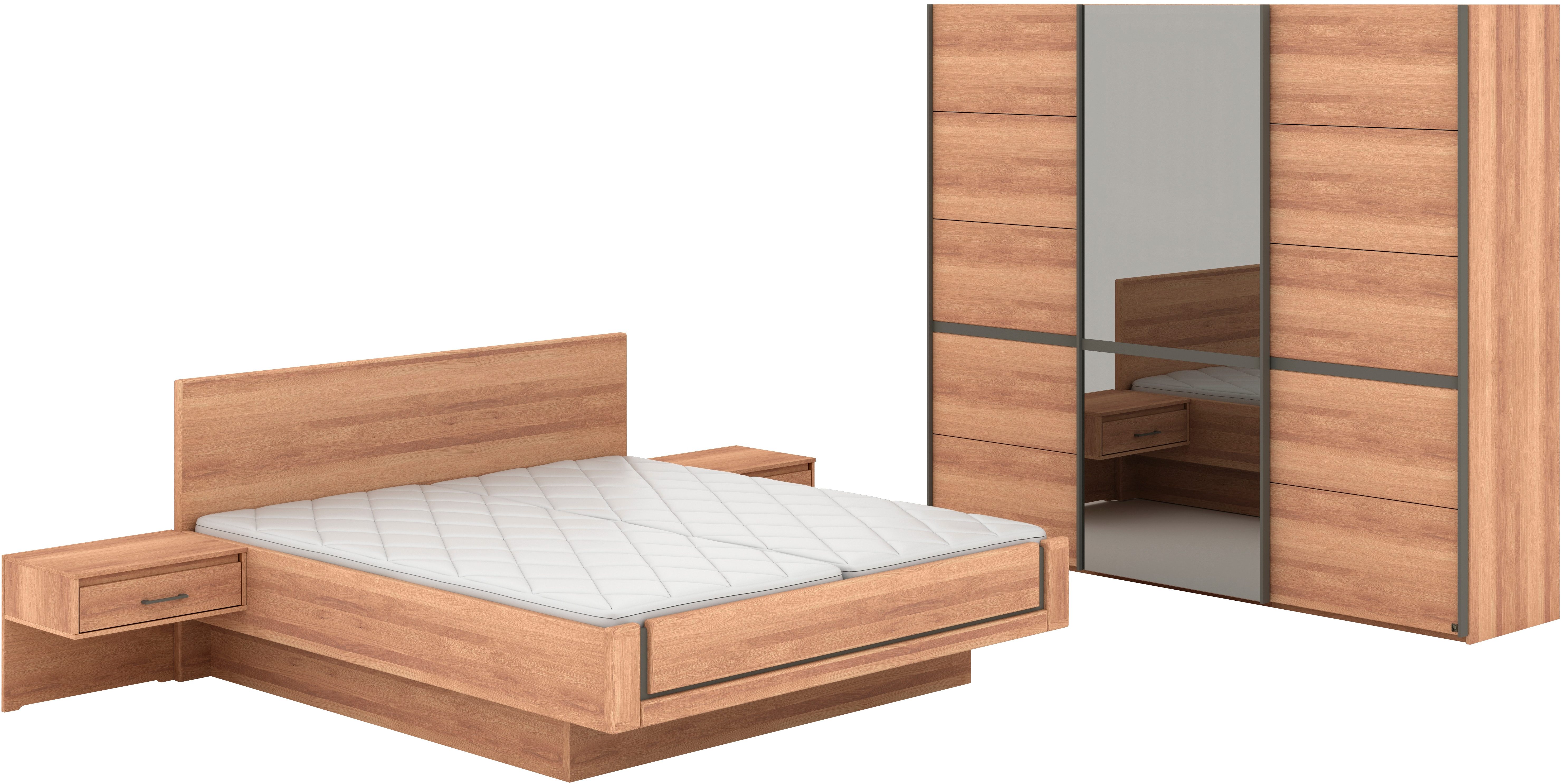 Musterring Schlafzimmer-Set Sorrent, Kleiderschrank, Bett & Nachtkommoden, teilmassiv Eiche, (2er-Set Nachtschränke, Schwebetürenschrank 250 cm, Bett 180x200 cm), mit Schwebetürenschrank, Bett schwebende Optik, Breite Schrank 250cm