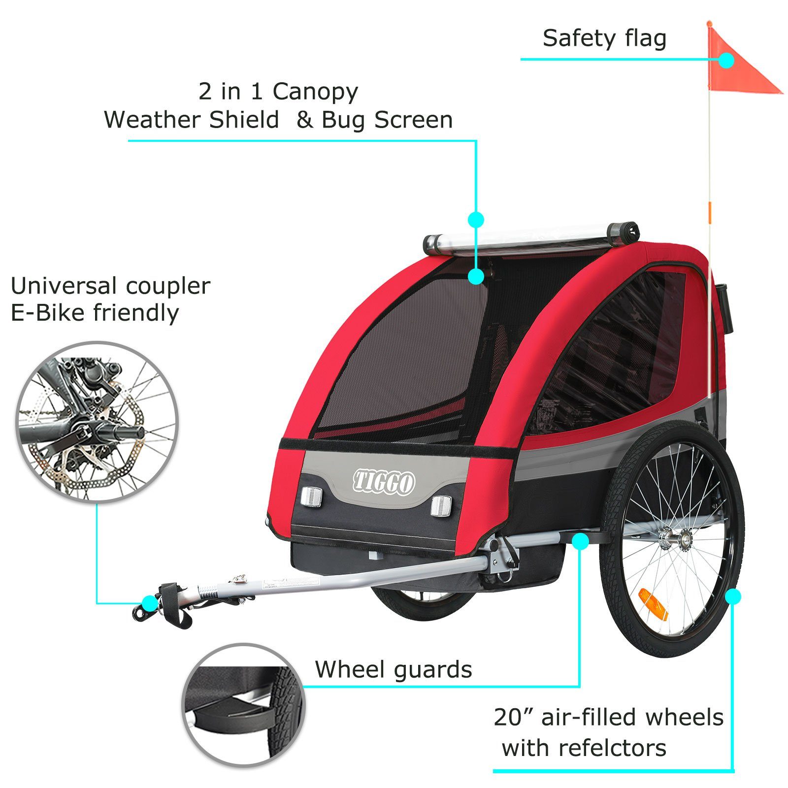 TIGGO Fahrradkinderanhänger Kinderanhänger Kinderfahrradanhänger Fahrradanhänger Anhänger, 5-Punkt Sicherheitsgurt