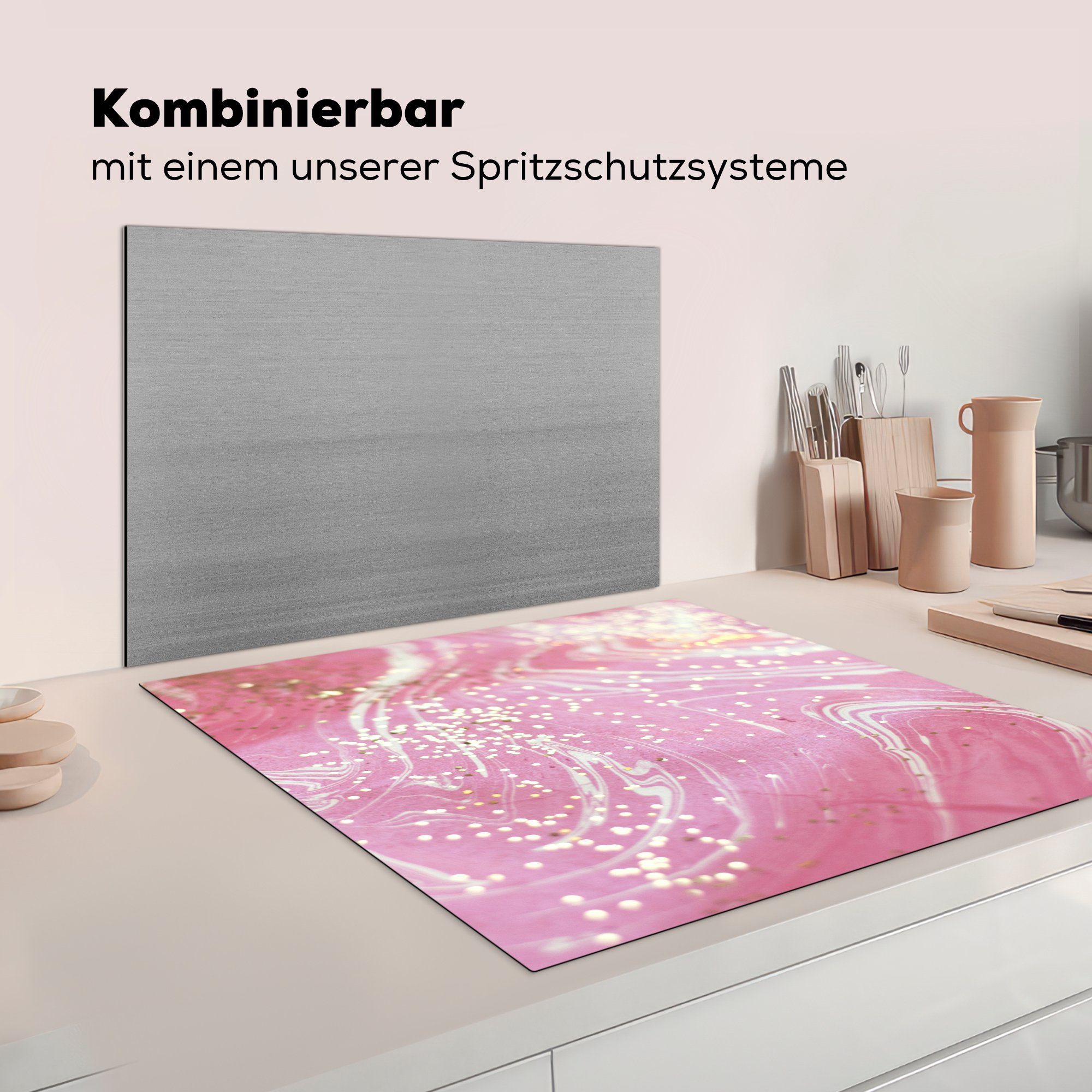 MuchoWow Herdblende-/Abdeckplatte Marmor - Ceranfeldabdeckung, Arbeitsplatte Gold - 78x78 Vinyl, cm, Weiß, Rosa (1 für - küche tlg)