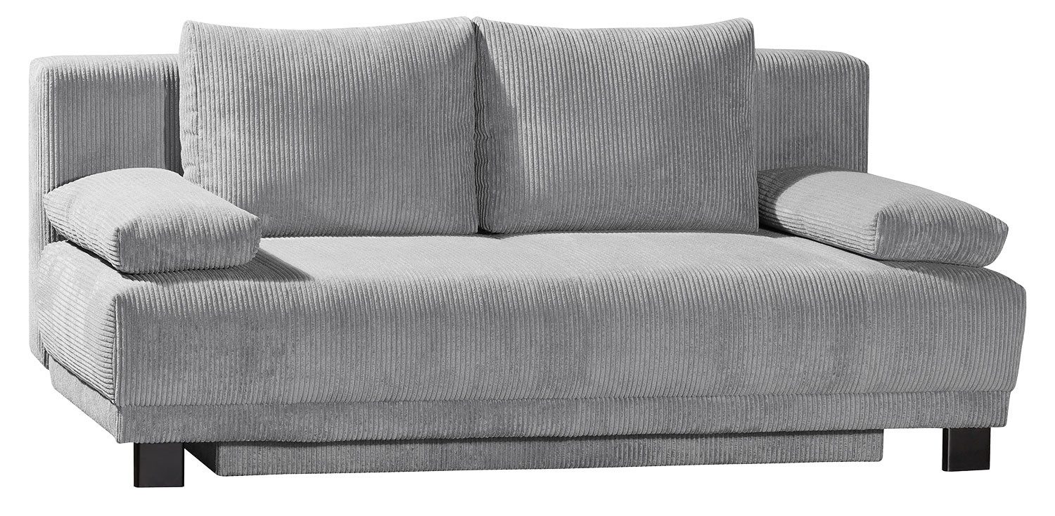 Schlafsofa JUNA, Grau, Cordbezug, Bettkasten, Gästebettfunktion, mit Kissen, B 200 x H 89 x T 96 cm