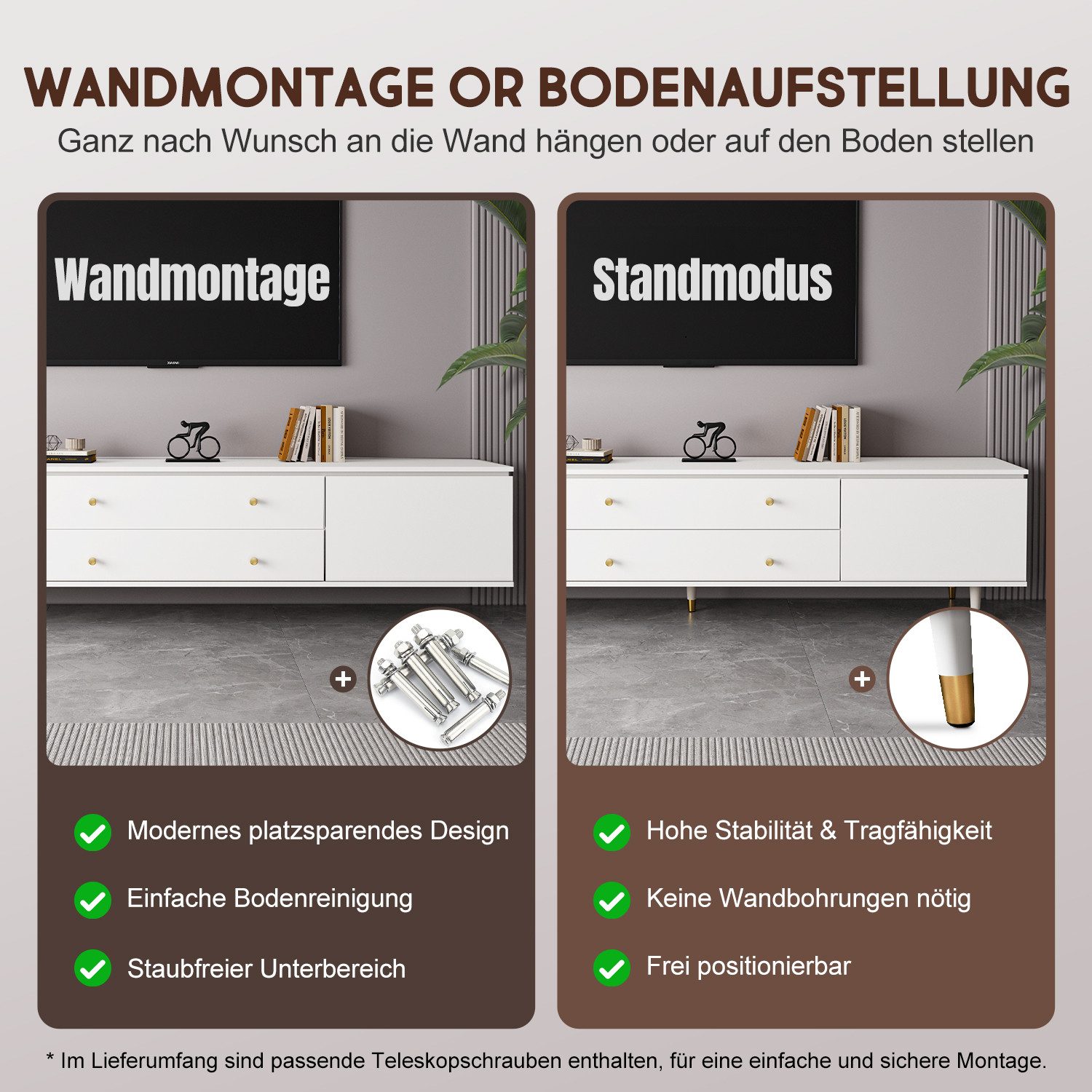 Lexzurn TV-Schrank Hängender TV-Schrank,175cm,Lowboard,Fernsehschrank (TV-Lowboard,TV-Möbel,Erfüllt den Umweltstandard E1,Gesamtabmessungen: 175*50*33cm,Schließfächer mit großer Kapazität, für Großbildfernseher bis 85, 4 Farben (Weiß/Beige/Holzoptik/Grau)