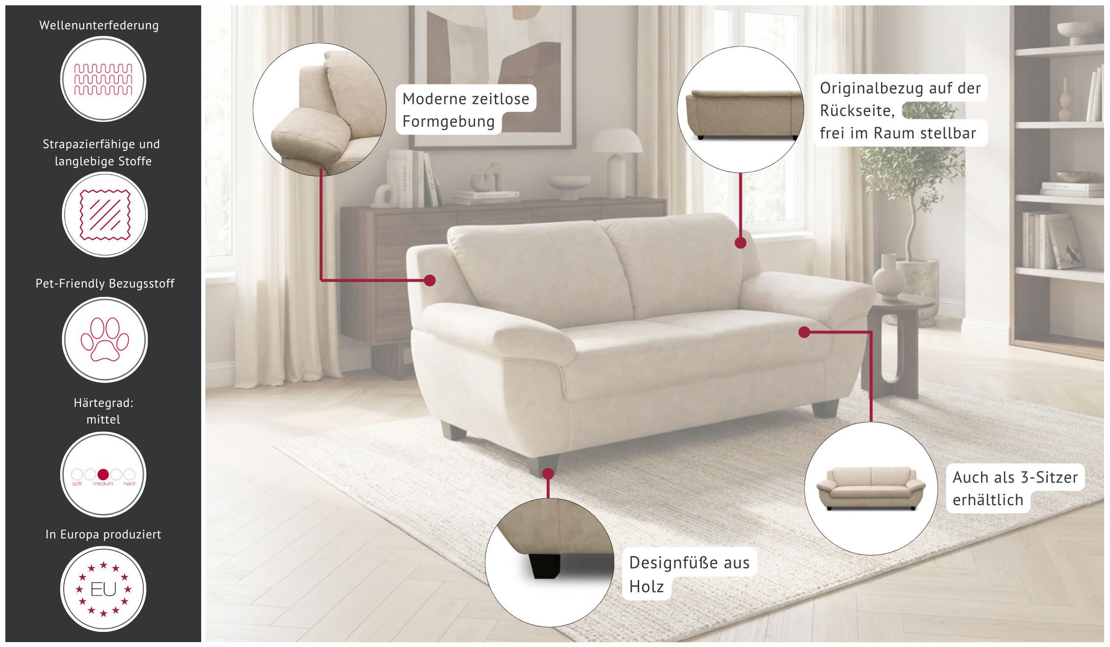 OTTO home 2-Sitzer Sillkeborg 161 cm, formschönes Sofa mit dunklen Füßen, aus haustierfreundlichem Pet Friendly Bezug – Bild 3 von 5