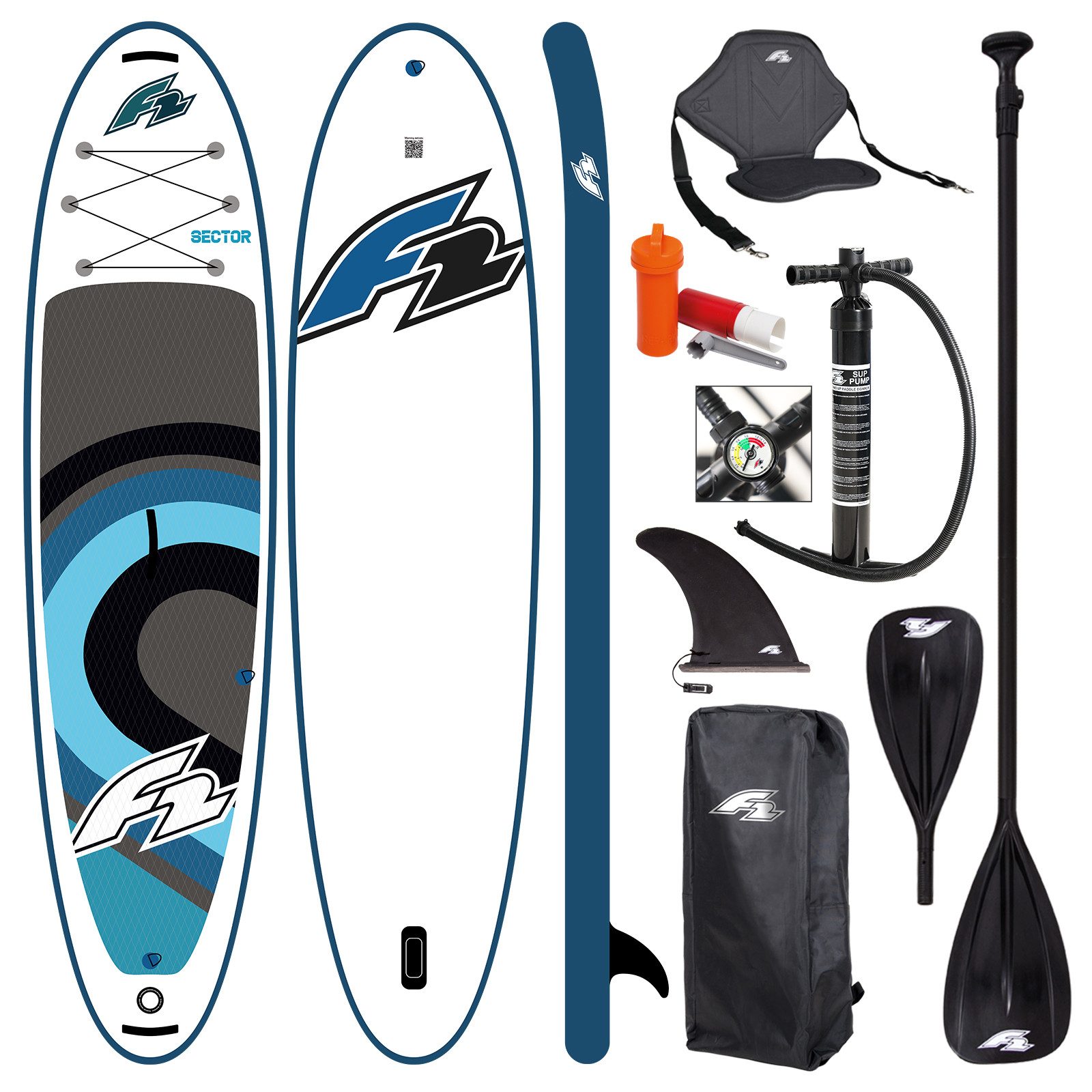 F2 SUP-Board F2 Set Stand Up Paddle Board Sector SMU Blau 10,5 + Kajak Zubehör, Stand up paddle board