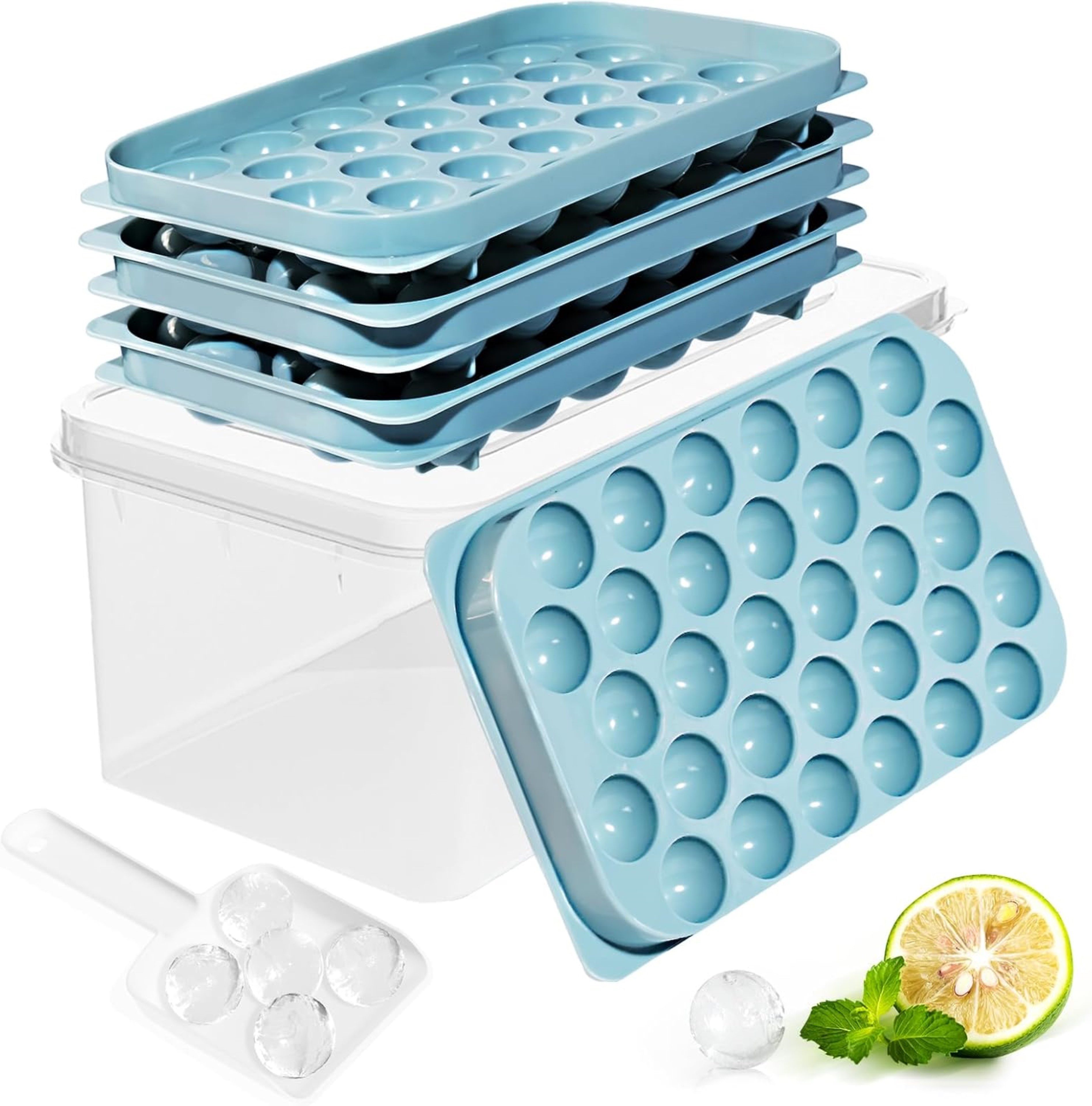 LA CUTE Eiswürfelform DclobTop Eiswürfelform 96 Mulden Rund Blau, (Kleine runde Eiswürfelform mit Behälter und Deckel, für Gefrierschrank), Kleine, runde Eiswürfelform mit Deckel, stapelbar, BPA-frei, 96 Mulden