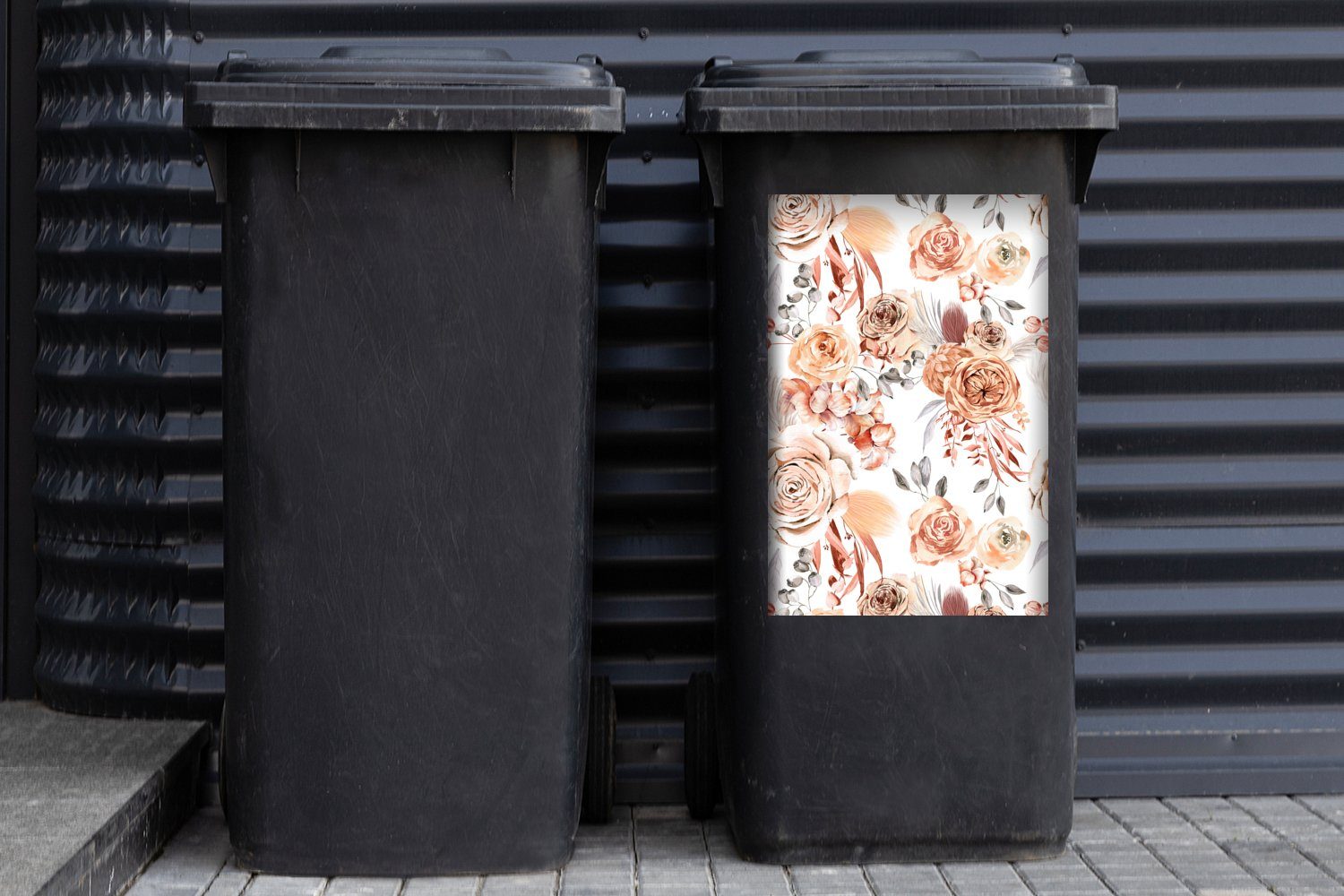 Container, Sticker, MuchoWow Wandsticker St), - Braun Mülleimer-aufkleber, (1 Mülltonne, Weiß Rosen - Abfalbehälter