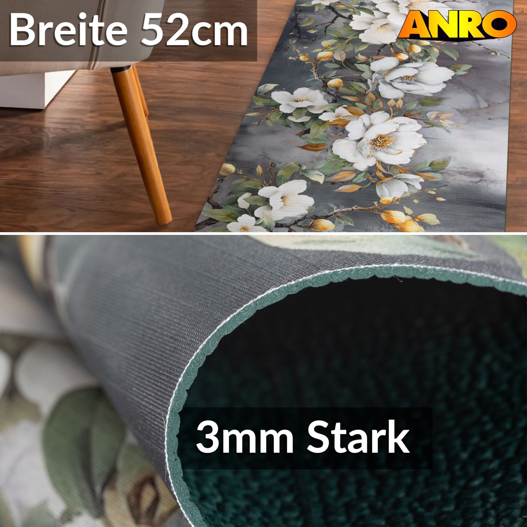 ANRO Küchenläufer GreenLine Teppichläufer Textil, Rechteckig, Höhe: 3 mm, Bodenläufer 100cm Orchidee Grau pflegeleicht