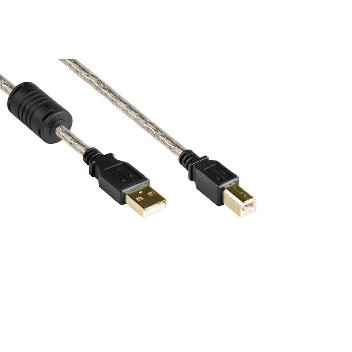 GOOD CONNECTIONS Anschlusskabel USB 2.0 Stecker A an Stecker B High Quality mit Ferritkern transparent 5m USB-Kabel (5 cm)